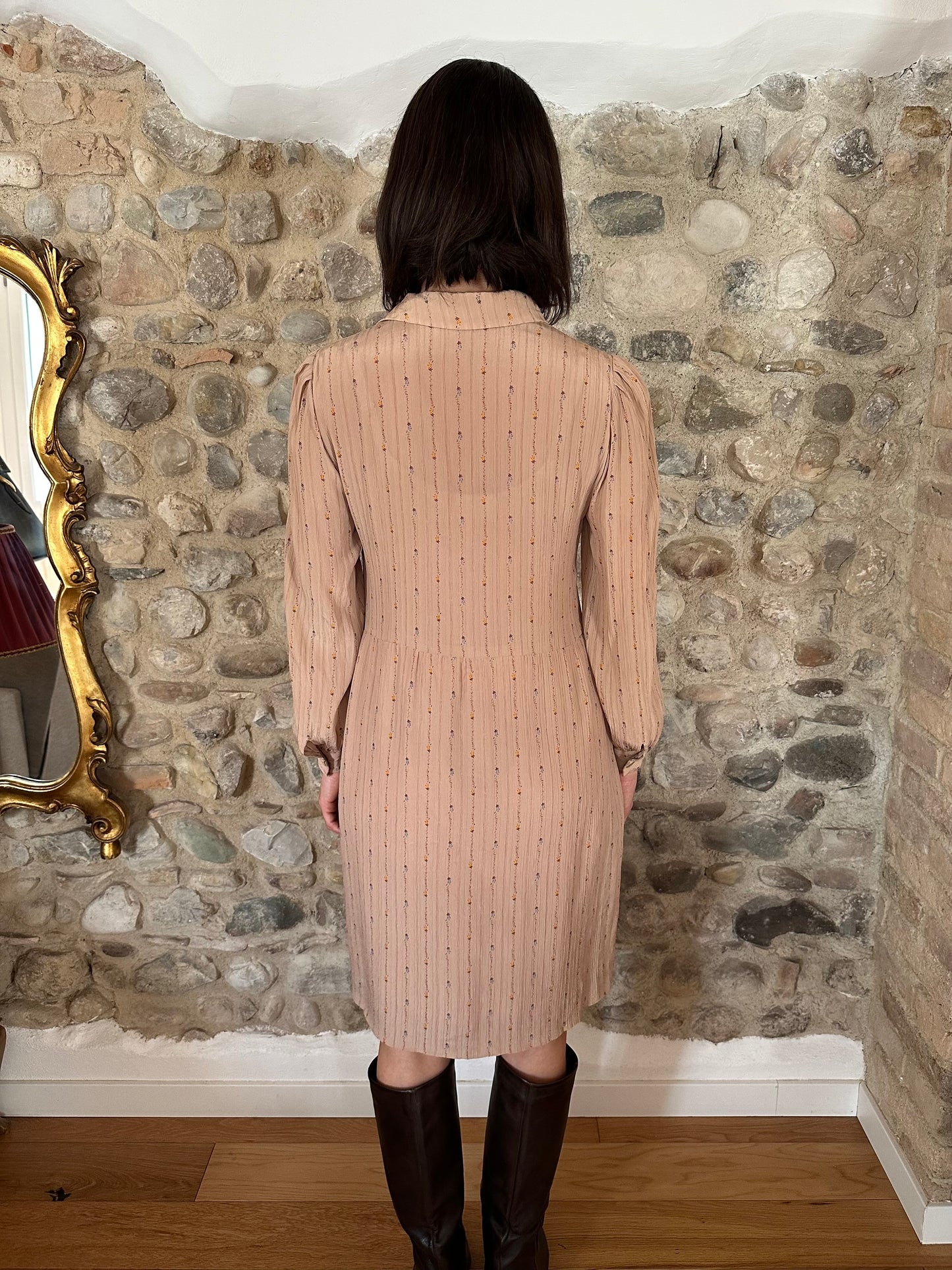 Abito Vintage Anni ‘70 Sartoriale in Seta Rosa Antico con Fiori Tg.42