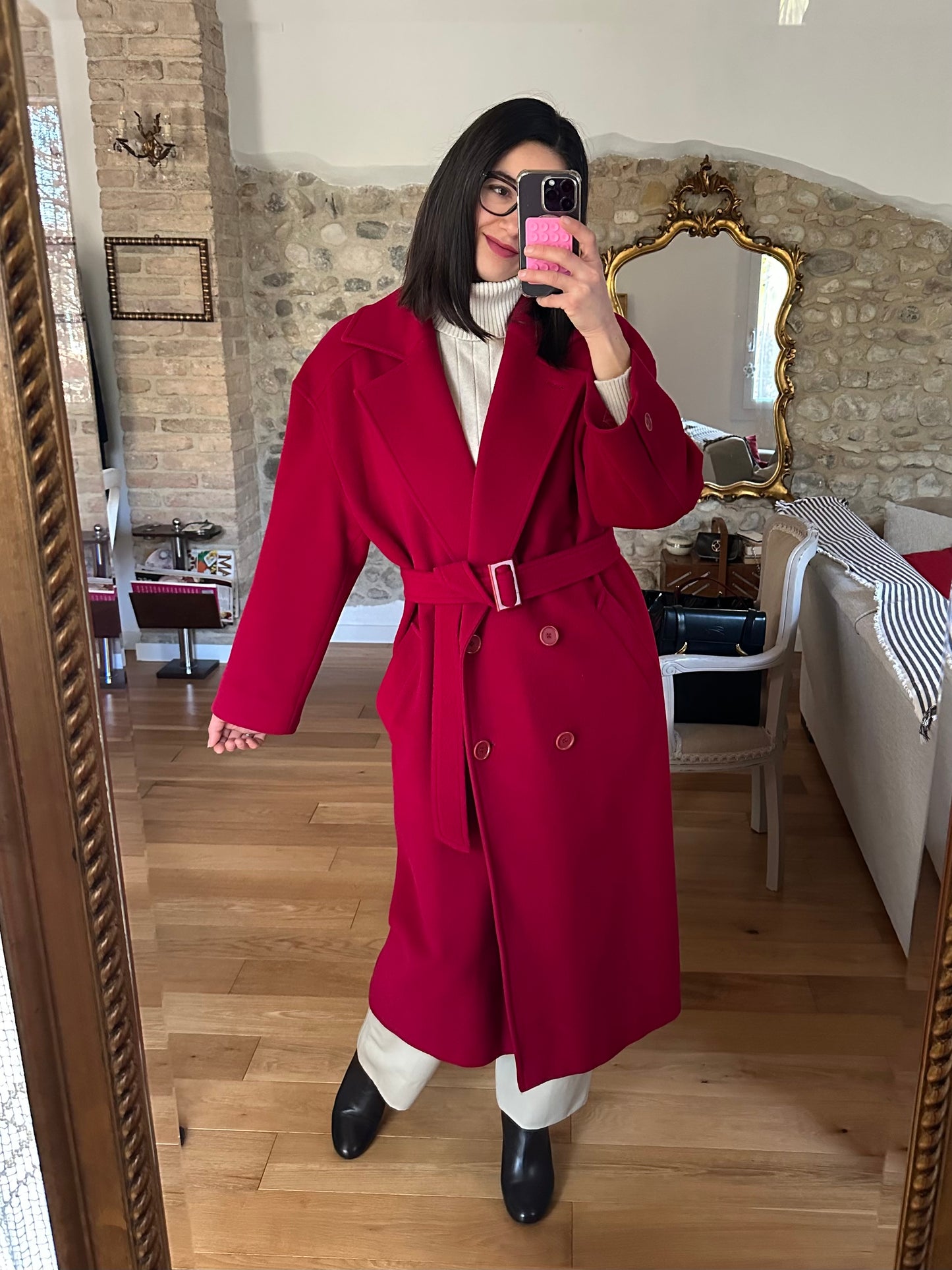 Cappotto Missoni Vintage Anni ‘80 in Lana e Kashmir Rosso Lampone Tg.fino 52
