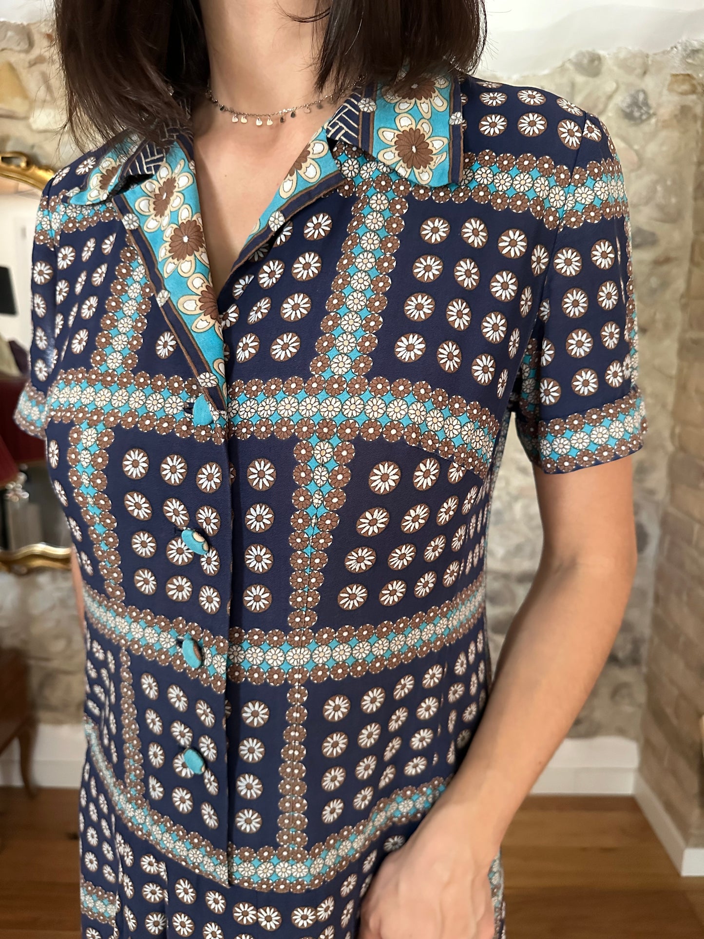 Abito Vintage Anni ‘60 Sartoriale in Seta Blu Tg.46