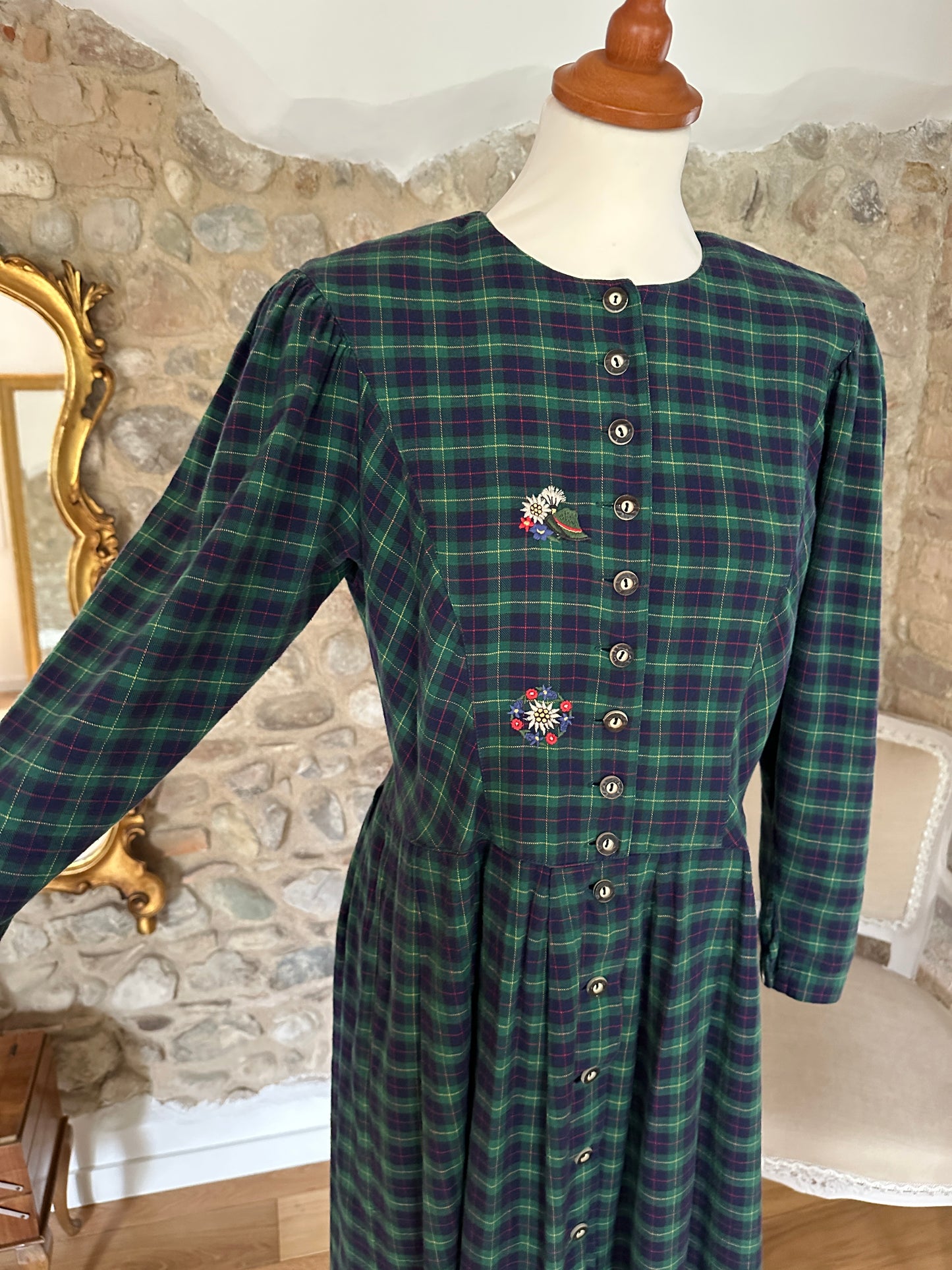 Abito Tirolese Lungo Anni ‘80 in Cotone Tartan Blu e Verde Tg.42/44