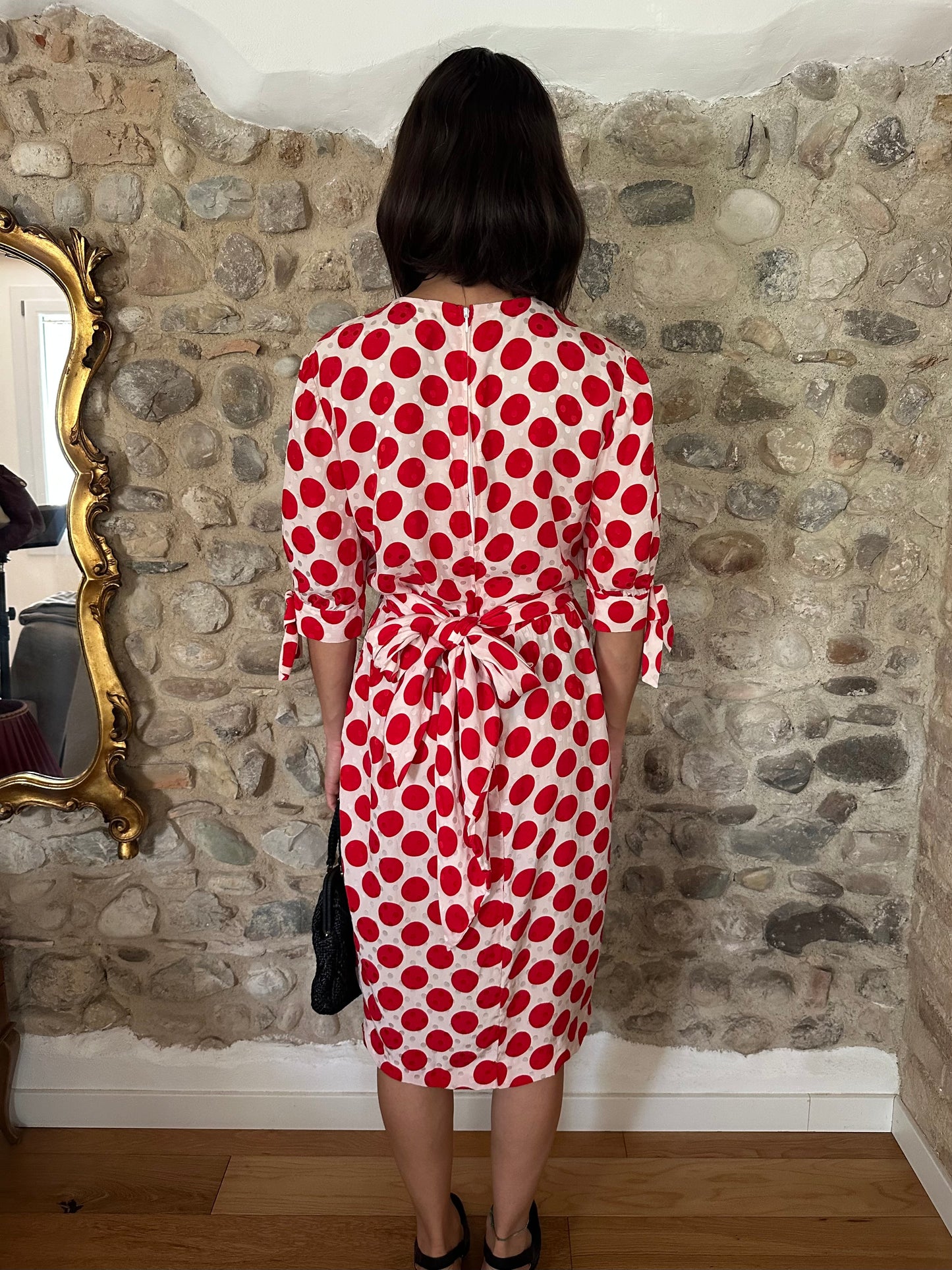 Abito Sartoriale Vintage Anni ‘80 in Seta Jacquard A Pois Rossi Tg.44