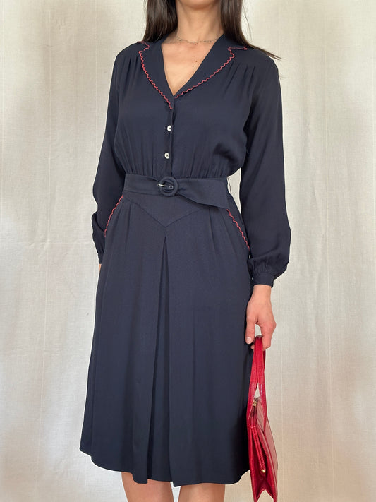Abito Vintage Anni ‘70 in Viscosa Blu con Profili Rossi
