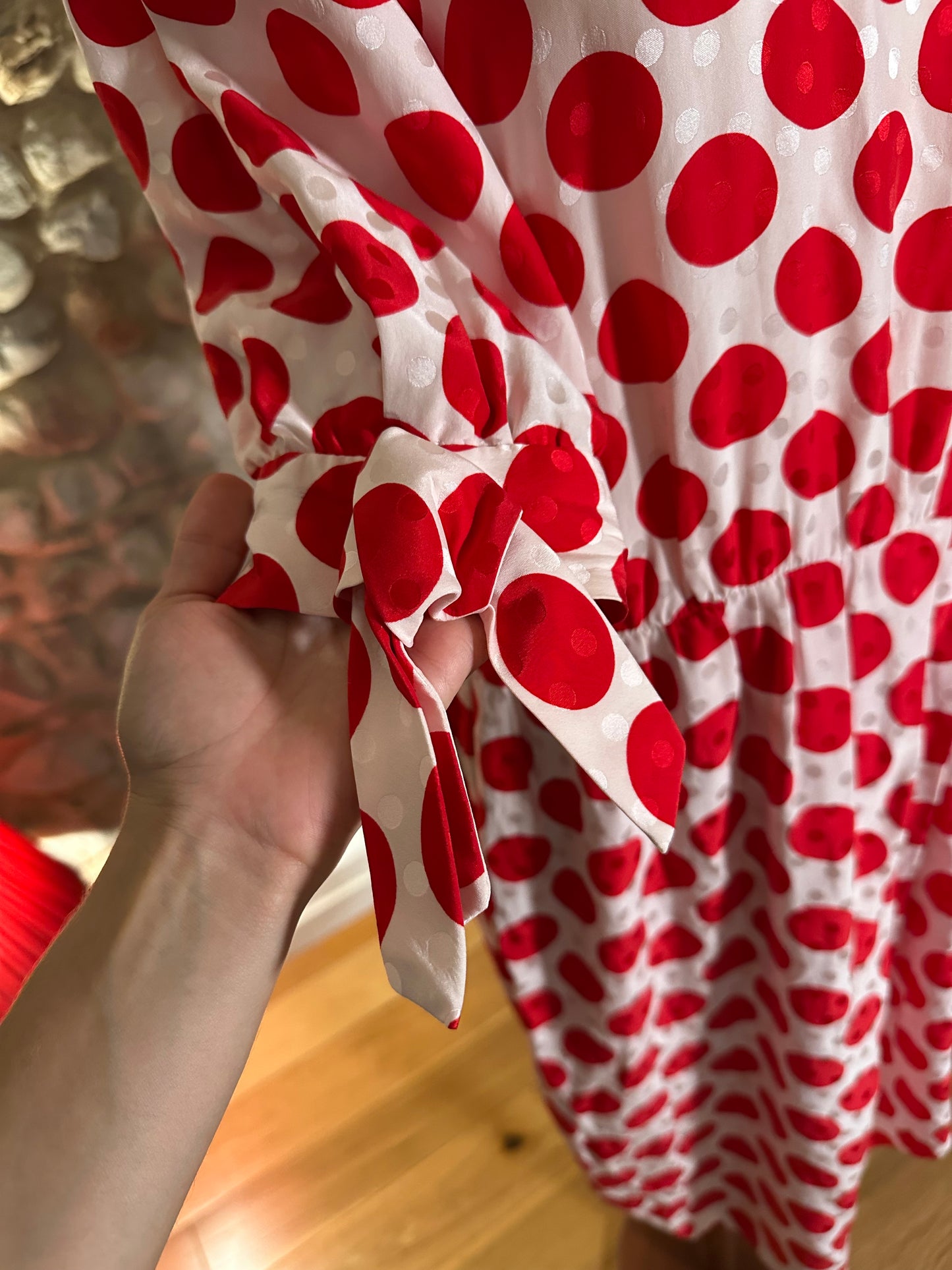 Abito Sartoriale Vintage Anni ‘80 in Seta Jacquard A Pois Rossi Tg.44