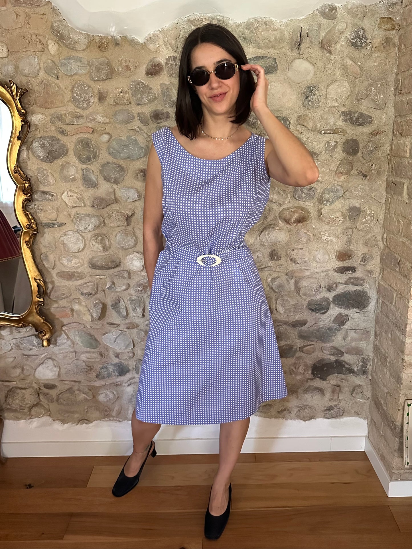 Abito Vintage Anni ‘60 Sartoriale a Quadretti Lilla e Bianco Tg.48