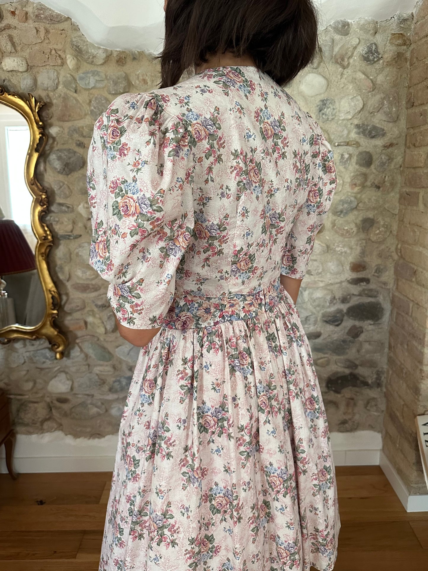 Abito Romantico Vintage Anni ‘80 Höpfner in Cotone con Fiori Tg.38/40