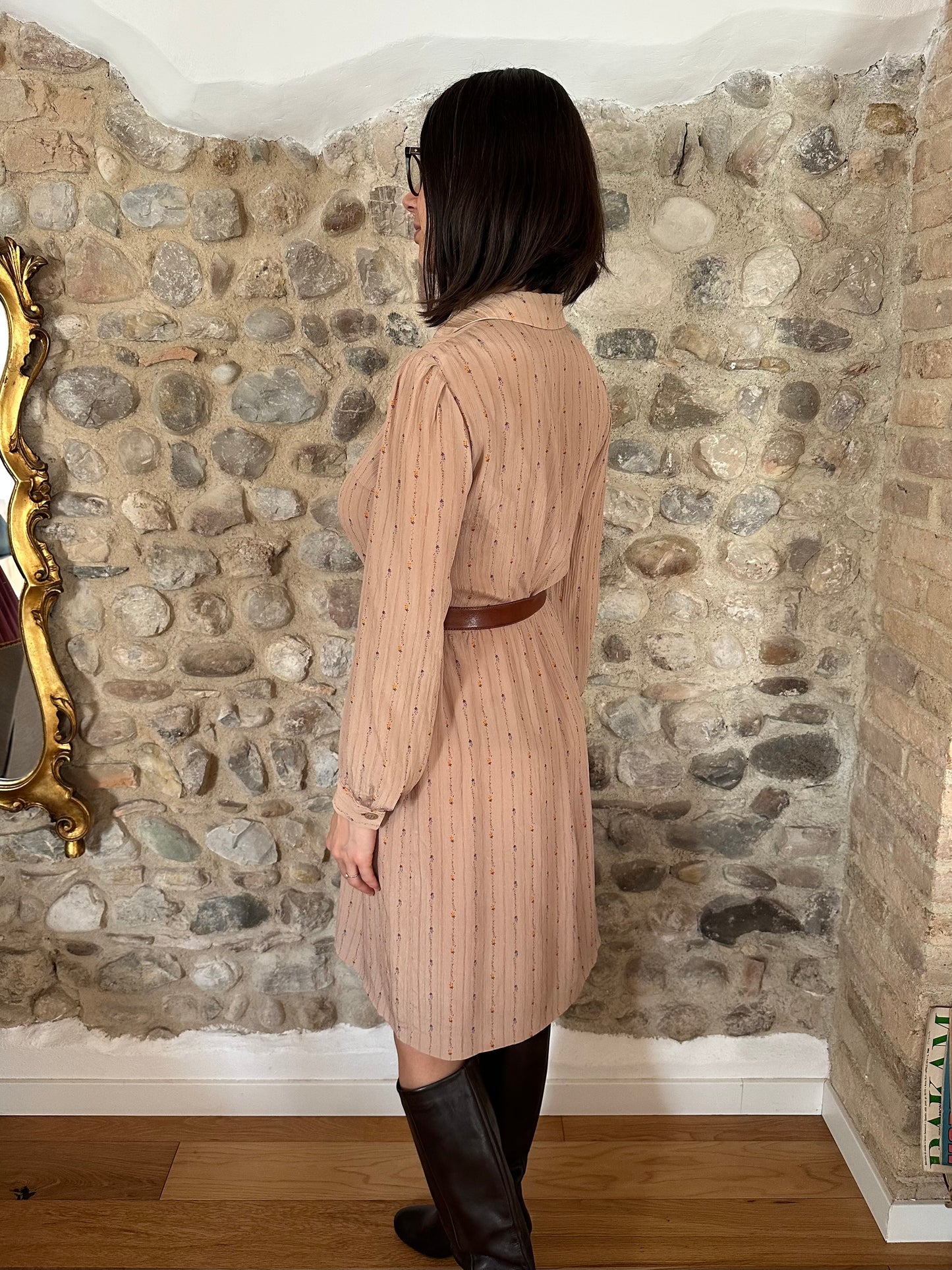 Abito Vintage Anni ‘70 Sartoriale in Seta Rosa Antico con Fiori Tg.42
