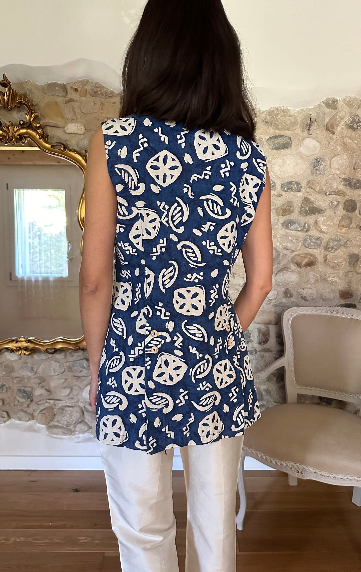 Gilet Martina Orlandi Anni ‘80 Cotone e Lino Fantasia Blu e Beige Tg.42/44
