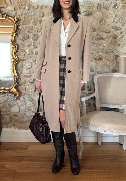 Cappotto Il Marchese Coccapani Anni ‘80 in Lana Beige e Velluto Marrone Tg.42/44