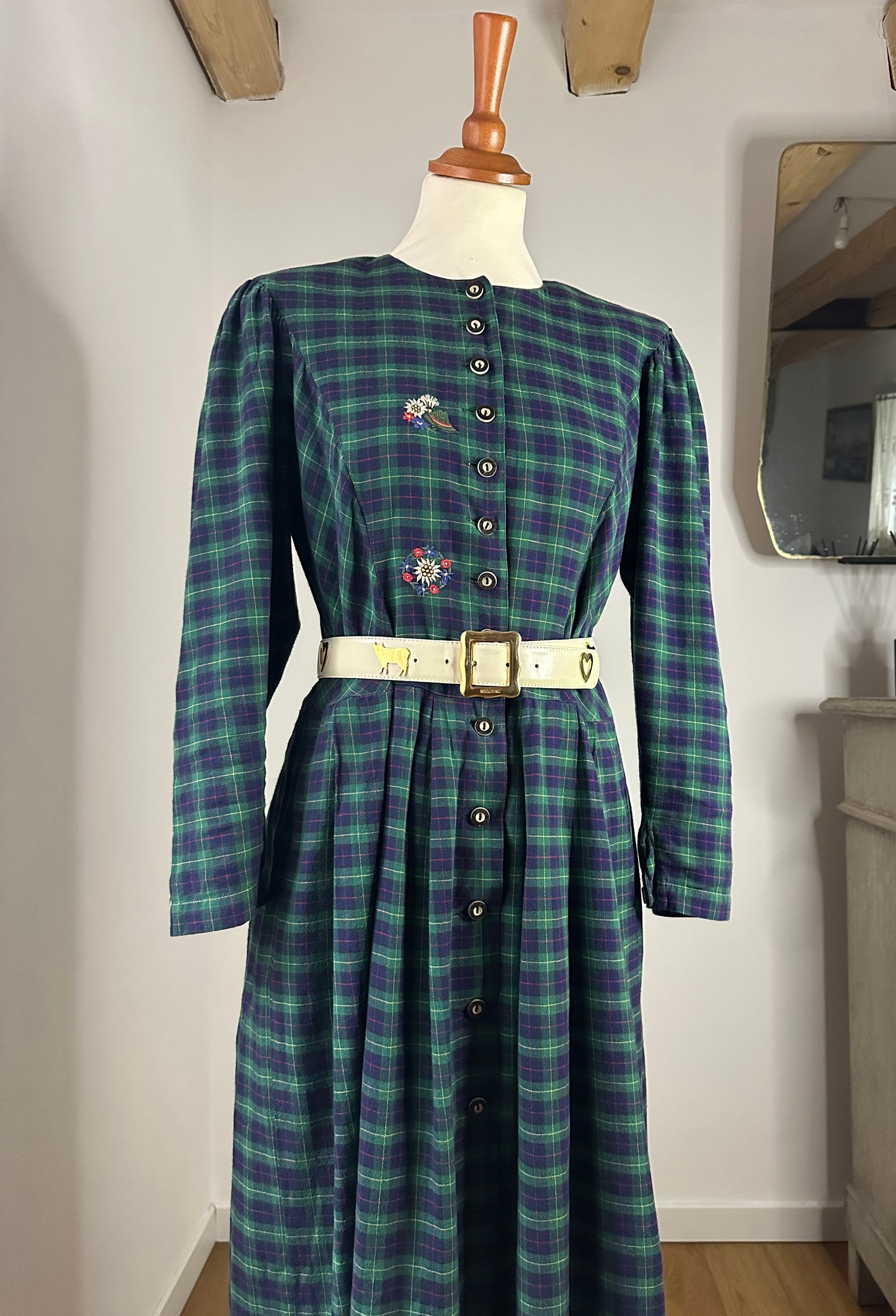 Abito Tirolese Lungo Anni ‘80 in Cotone Tartan Blu e Verde Tg.42/44