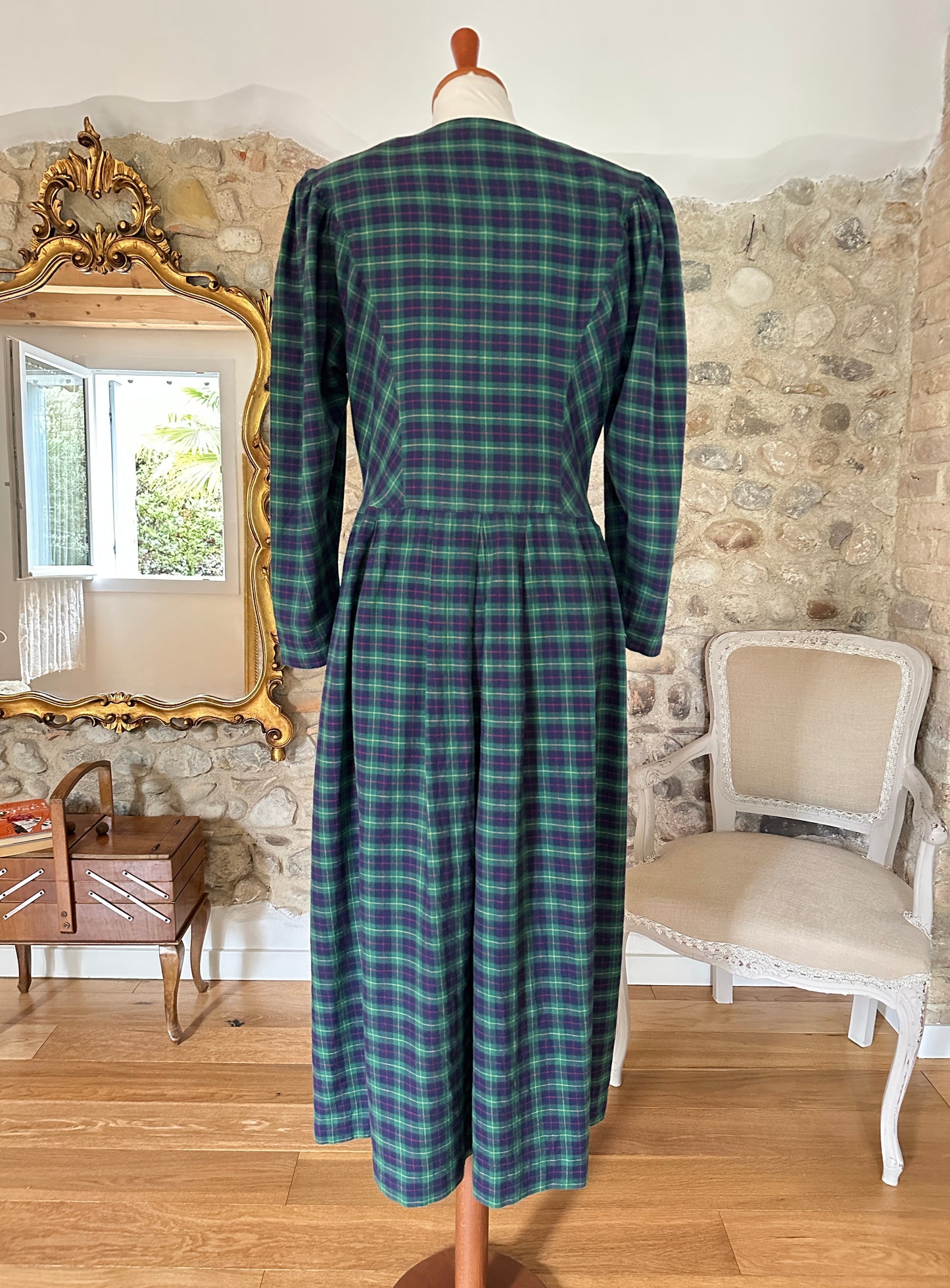 Abito Tirolese Lungo Anni ‘80 in Cotone Tartan Blu e Verde Tg.42/44