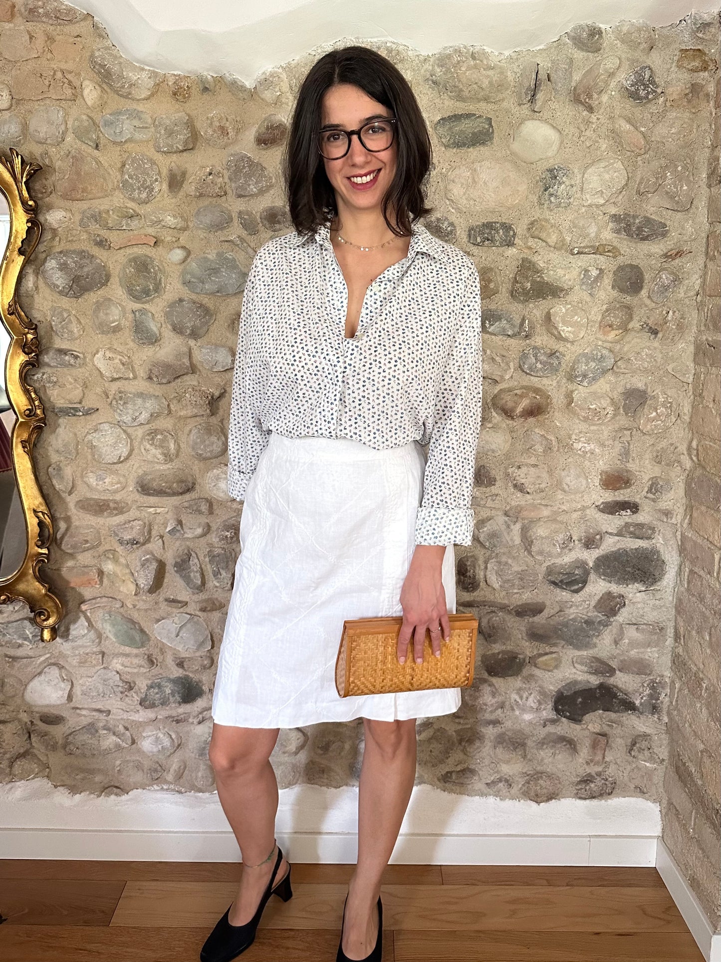 Camicia Anni ‘90 in Cotone Bianco con Fiori Rosa e Azzurri Tg.fino 50