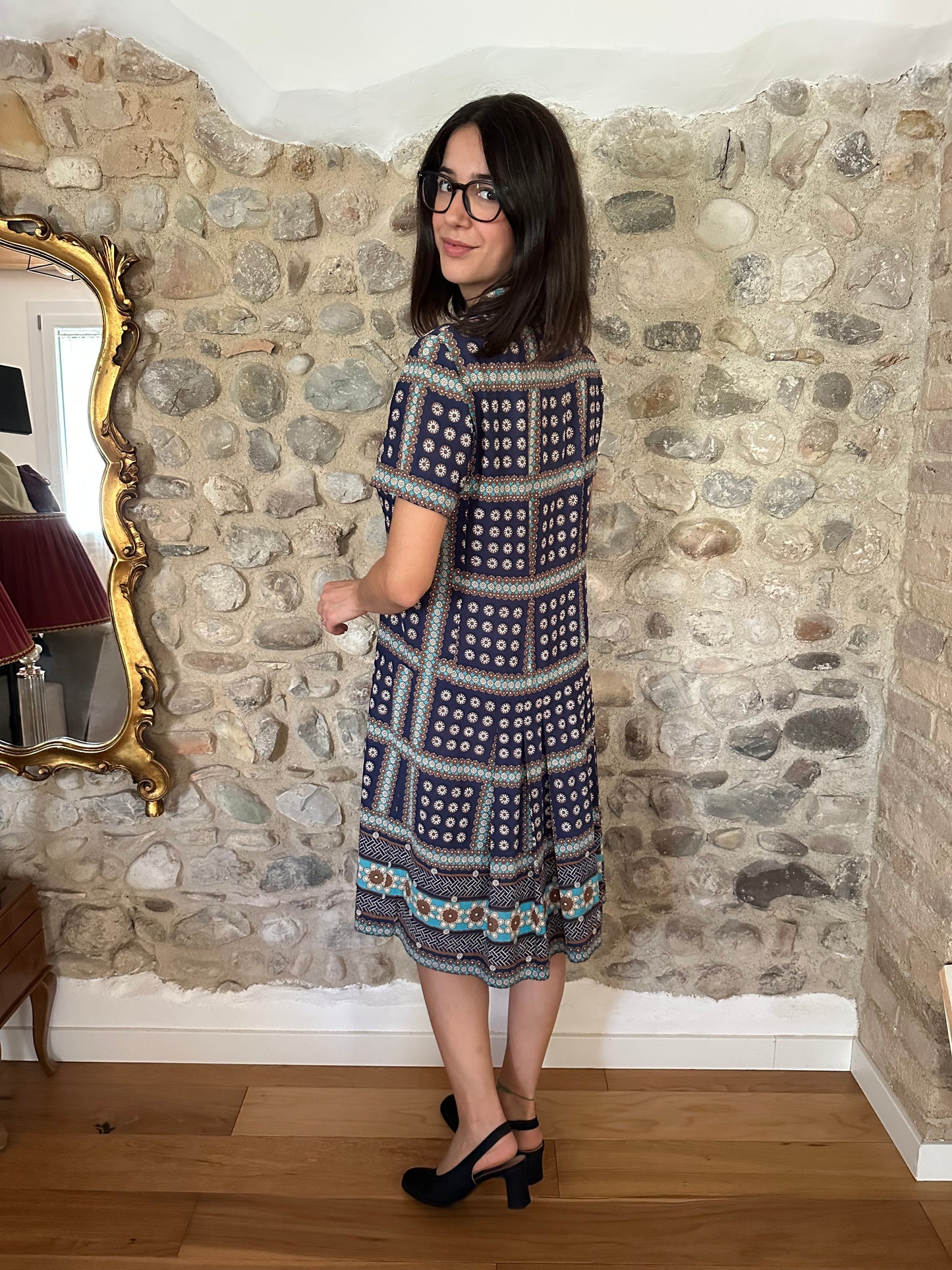 Abito Vintage Anni ‘60 Sartoriale in Seta Blu Tg.46