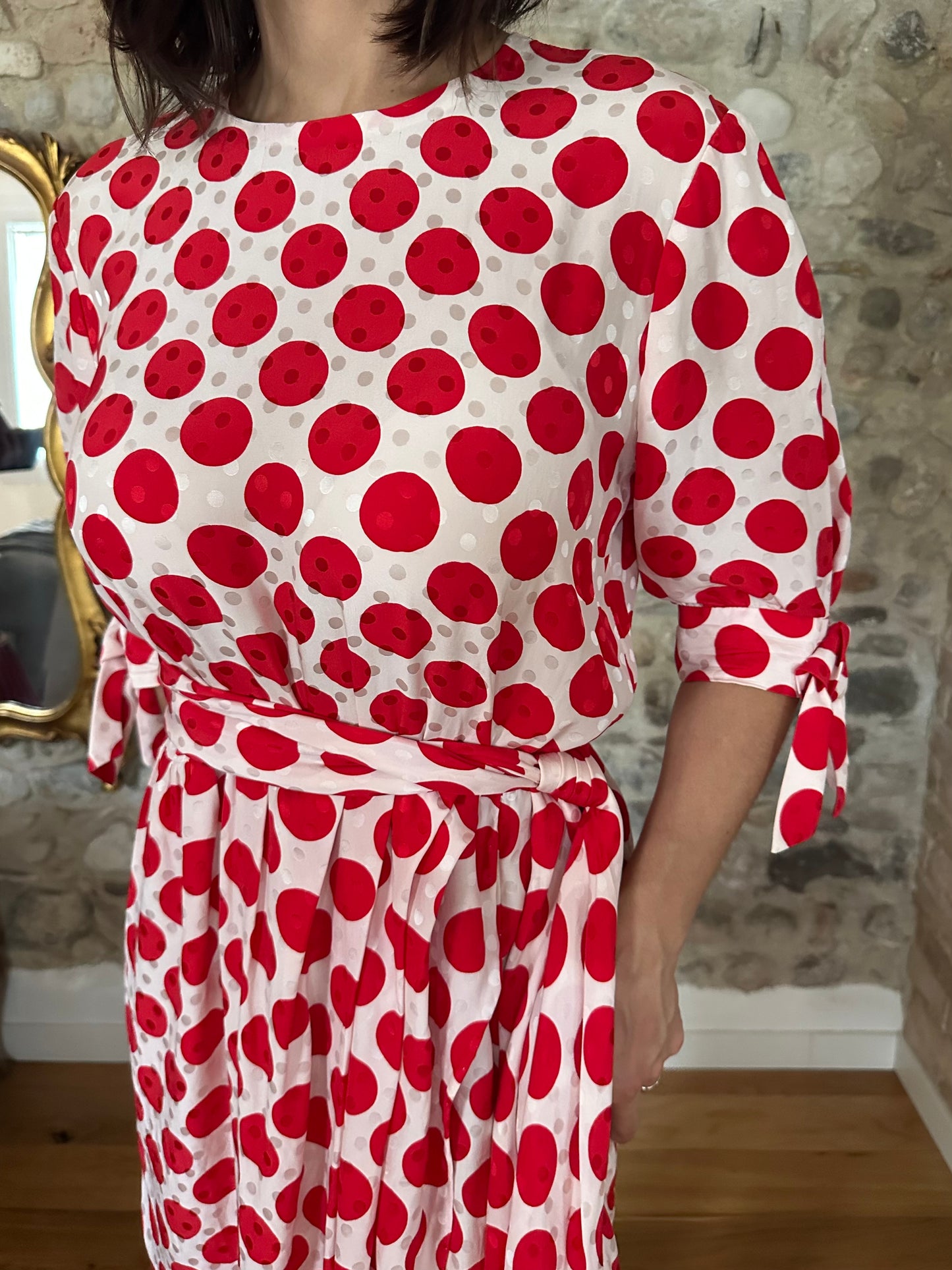 Abito Sartoriale Vintage Anni ‘80 in Seta Jacquard A Pois Rossi Tg.44