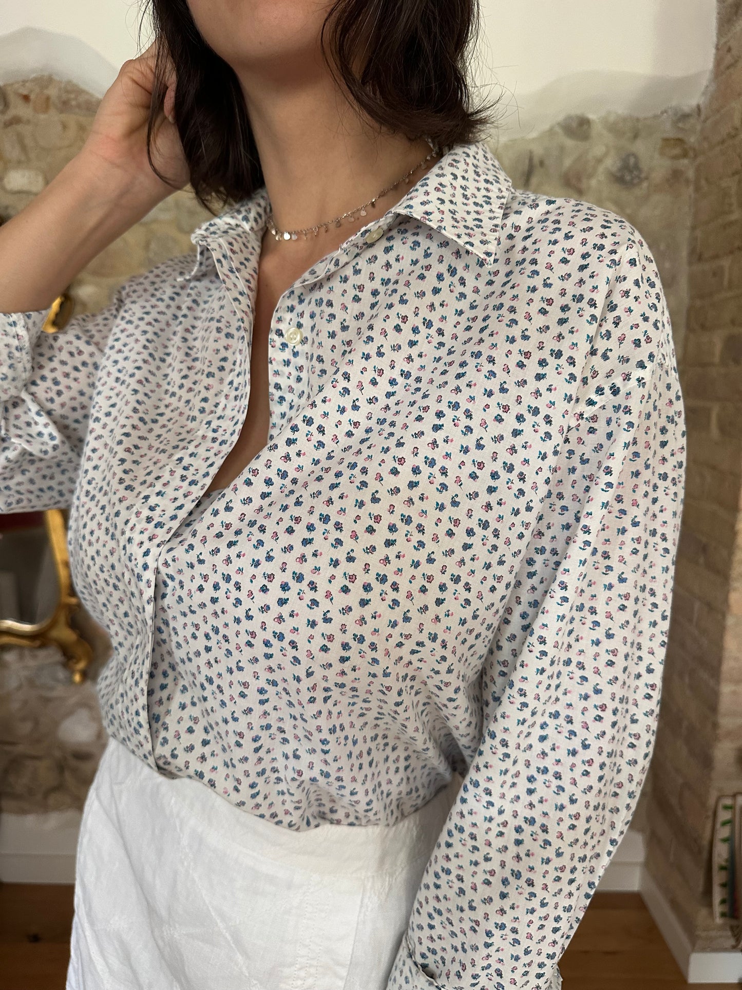 Camicia Anni ‘90 in Cotone Bianco con Fiori Rosa e Azzurri Tg.fino 50