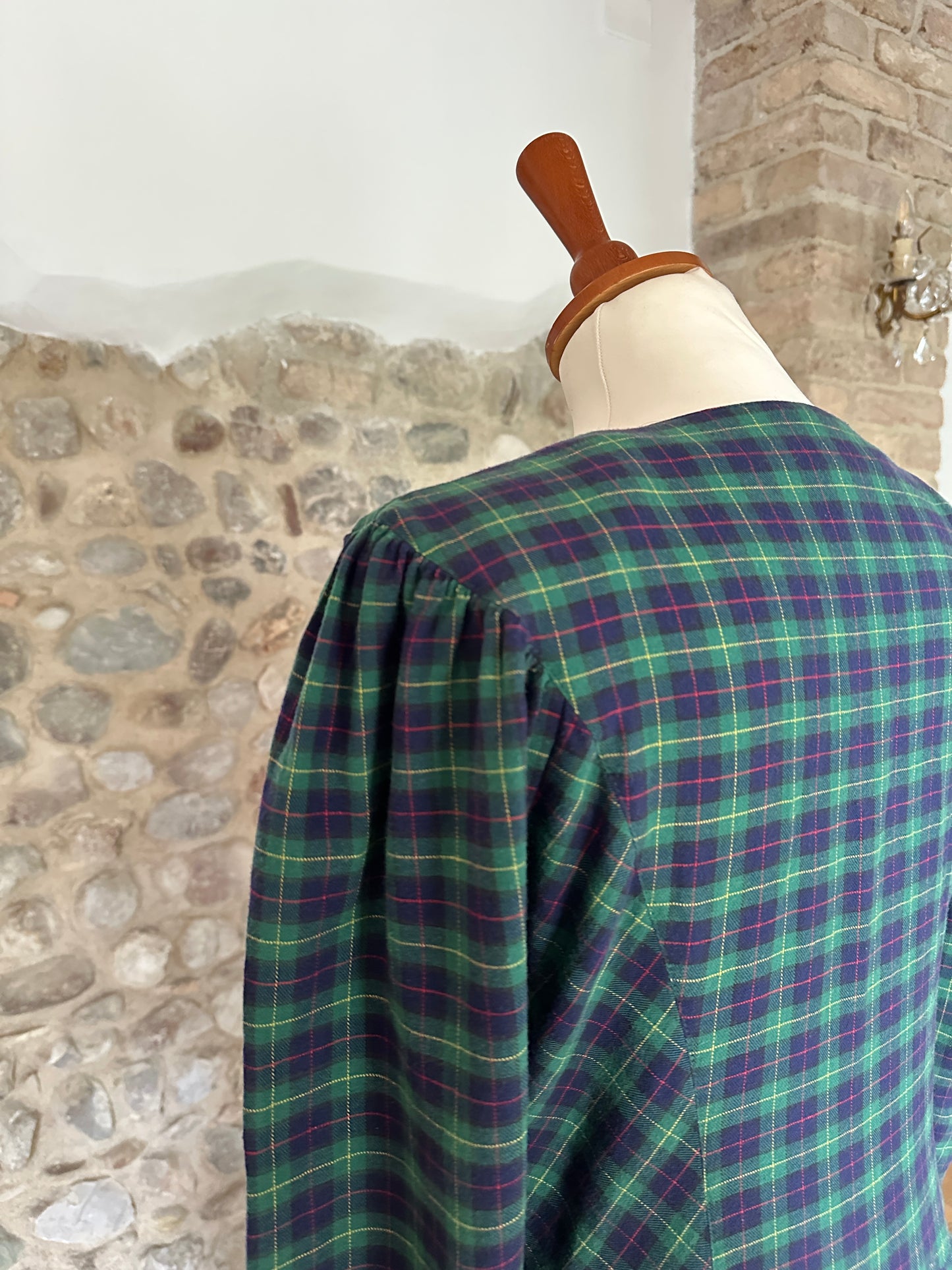 Abito Tirolese Lungo Anni ‘80 in Cotone Tartan Blu e Verde Tg.42/44