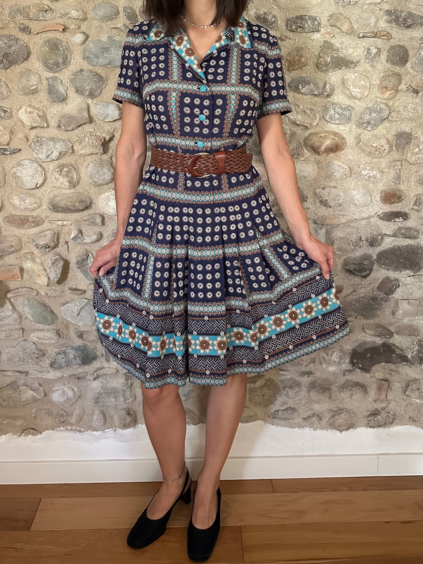 Abito Vintage Anni ‘60 Sartoriale in Seta Blu Tg.46