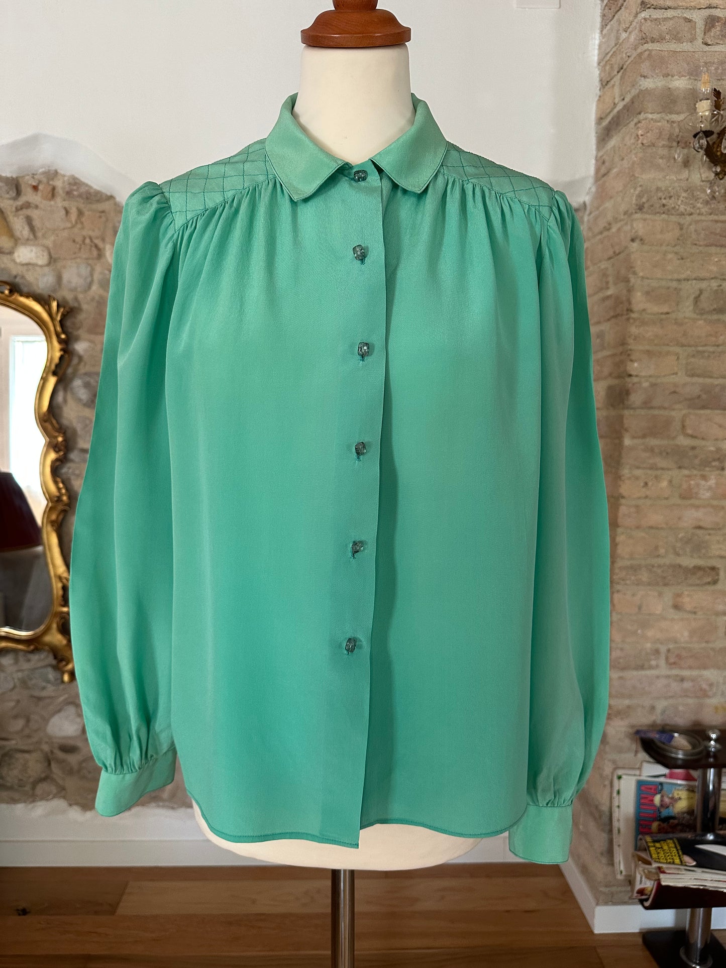 Camicia Vintage Anni ‘80 Sartoriale in Seta Verde Tg.fino 50