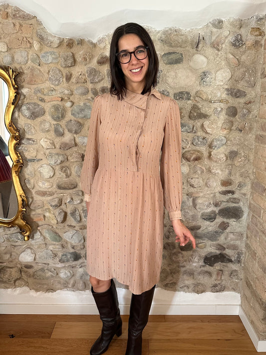 Abito Vintage Anni ‘70 Sartoriale in Seta Rosa Antico con Fiori Tg.42