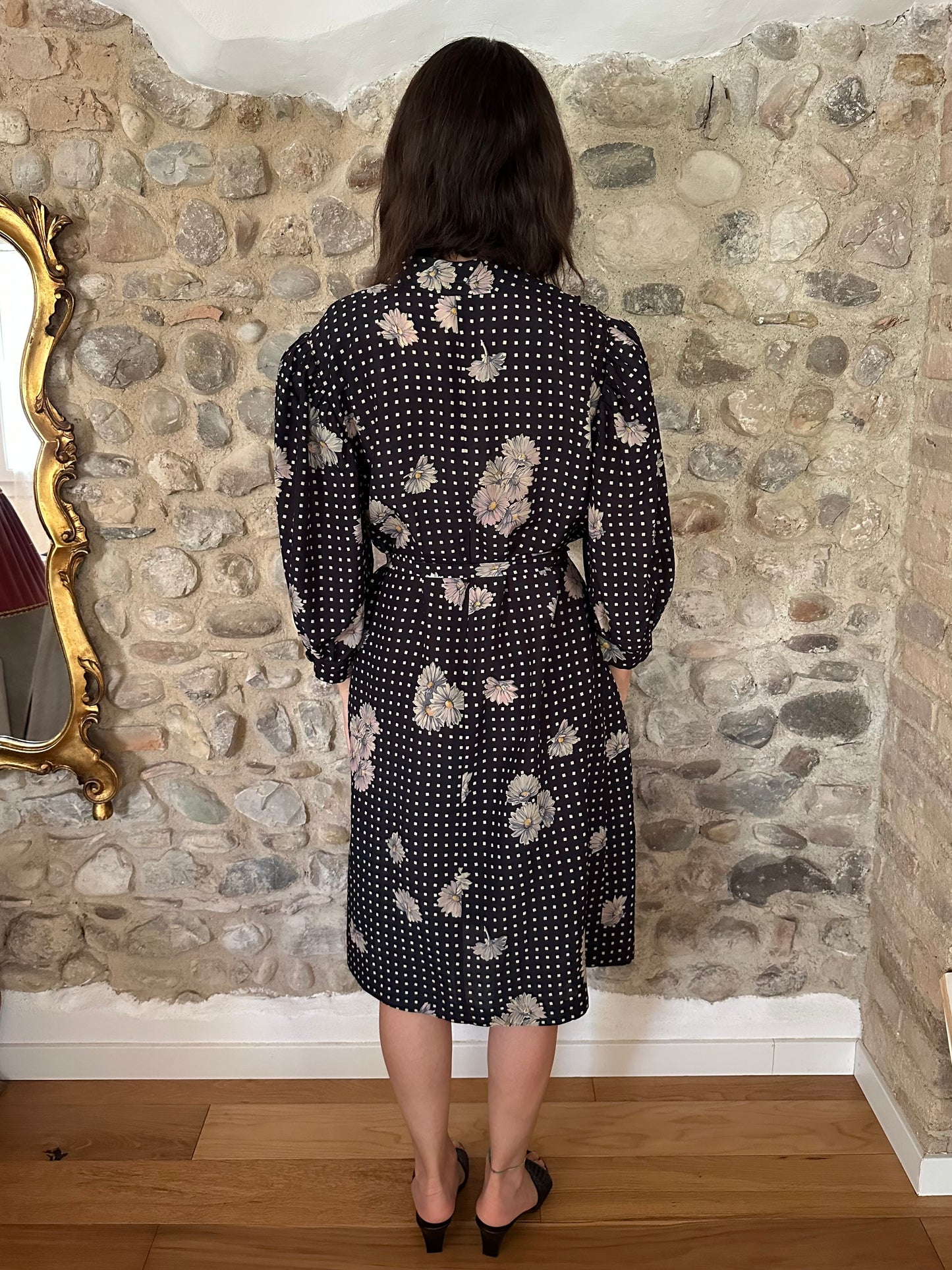 Abito Vintage Anni ‘80 Sartoriale in Viscosa Nero con Fiori Tg.46/48