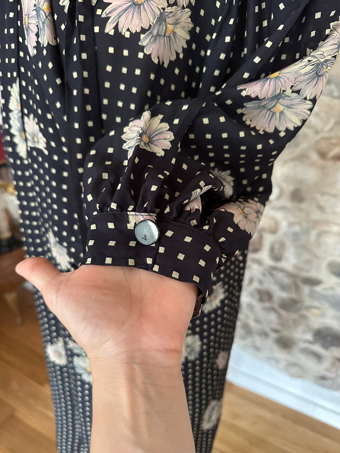 Abito Vintage Anni ‘80 Sartoriale in Viscosa Nero con Fiori Tg.46/48