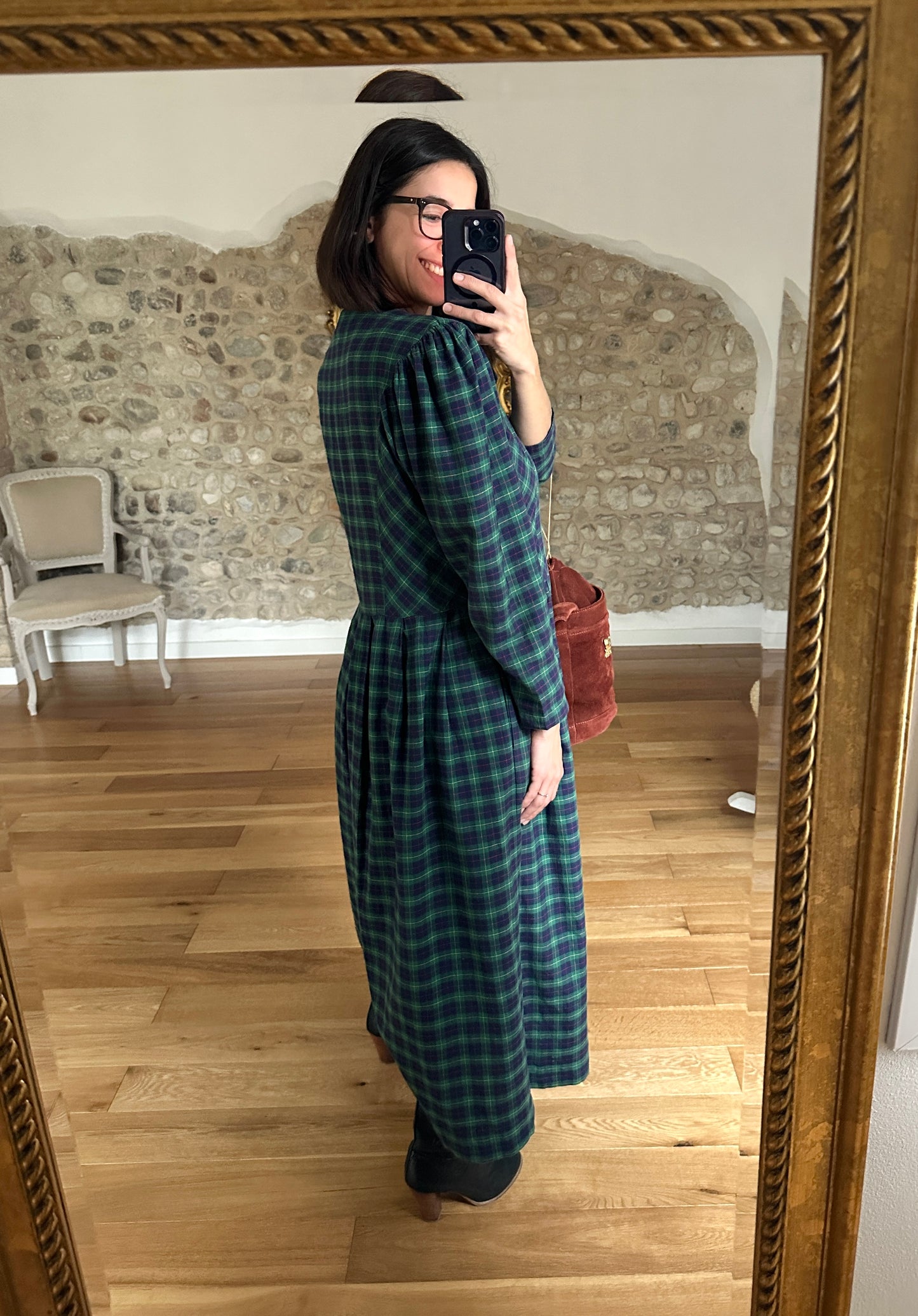 Abito Tirolese Lungo Anni ‘80 in Cotone Tartan Blu e Verde Tg.42/44