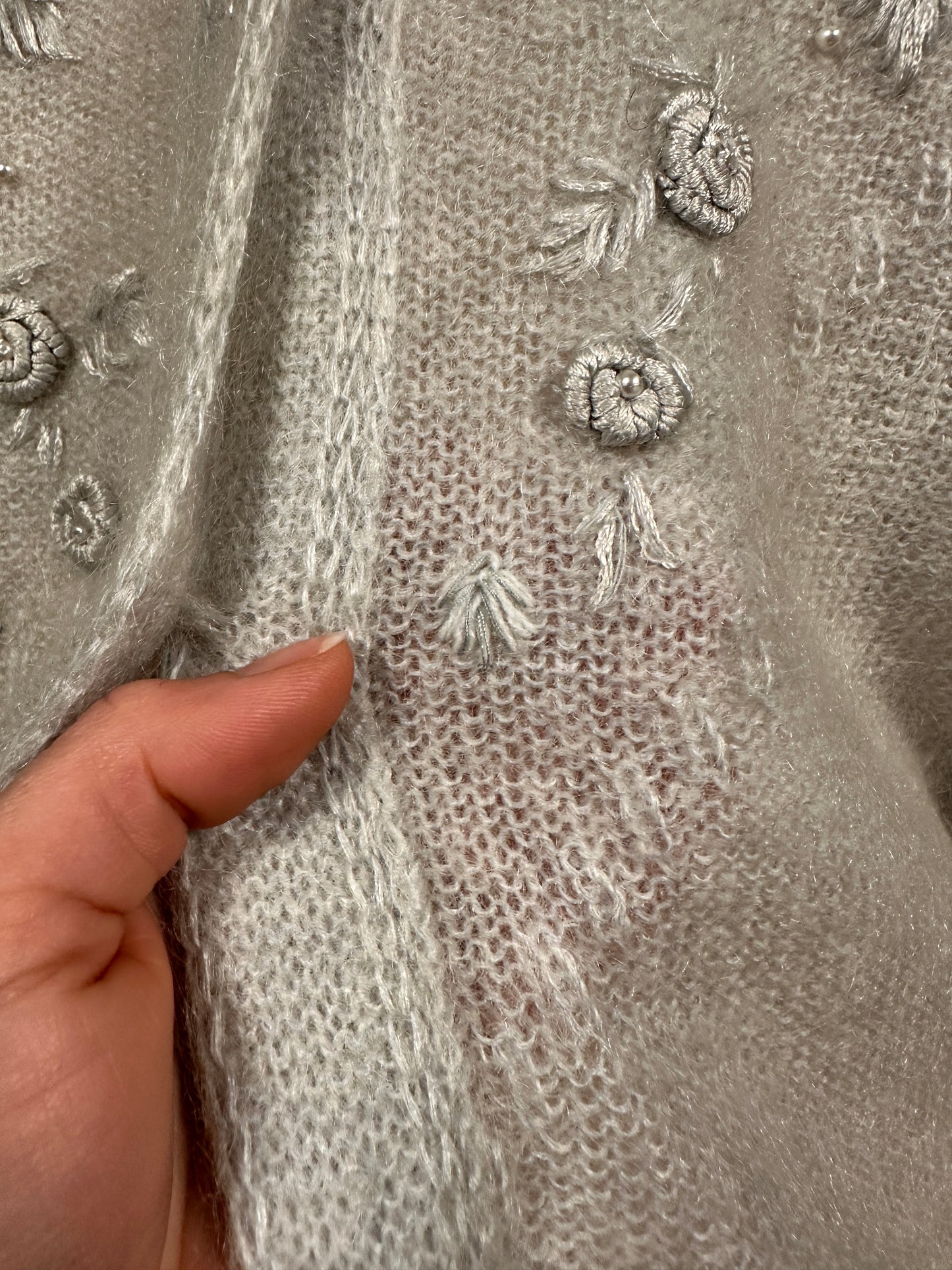 Cardigan Vintage Anni ‘80 Ricamato in Misto Mohair Verde Acqua