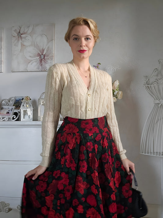 Gonna a Ruota Fantasia Fiori in Lana Nera e Rossa Tg.40/42