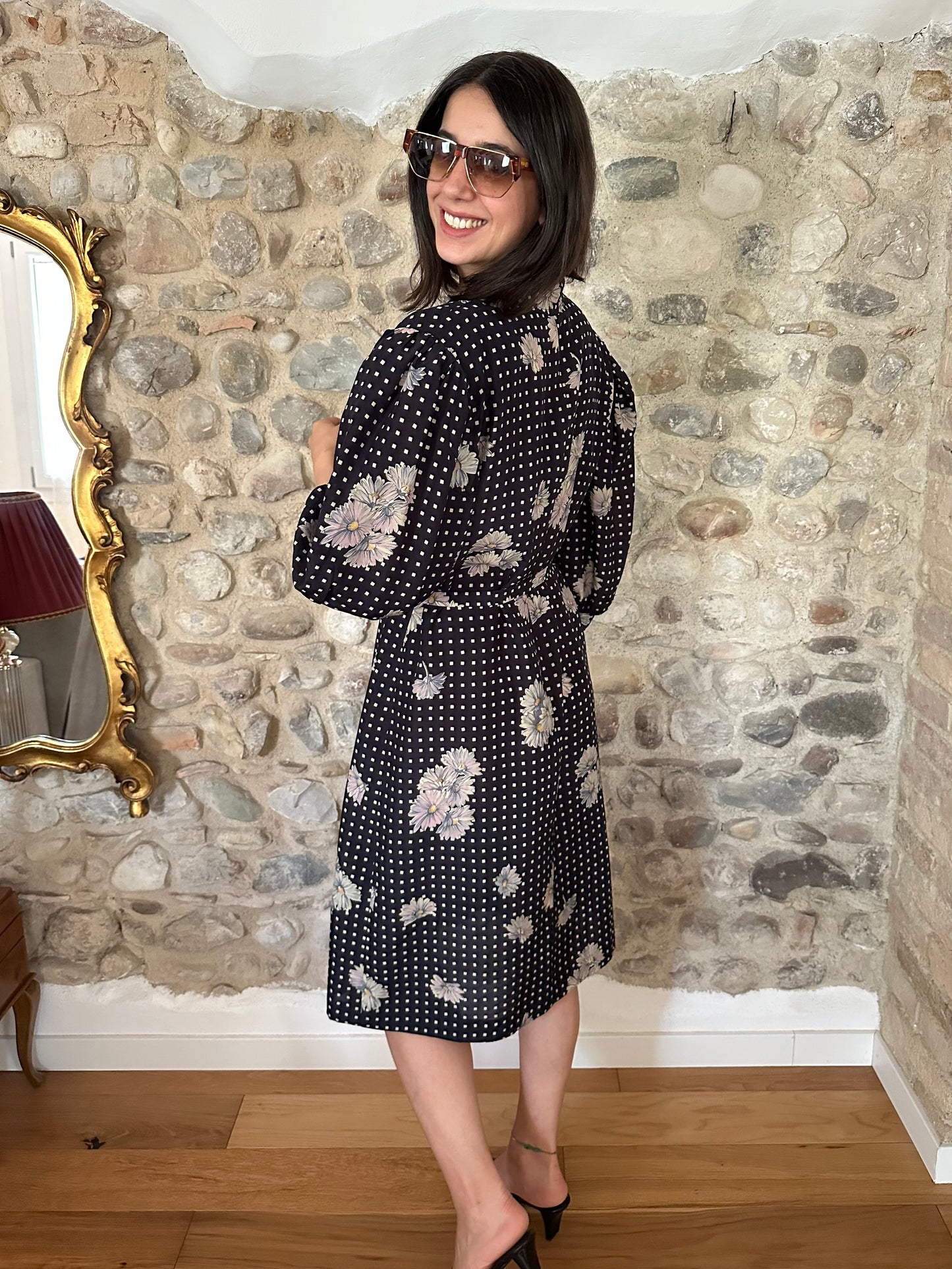 Abito Vintage Anni ‘80 Sartoriale in Viscosa Nero con Fiori Tg.46/48