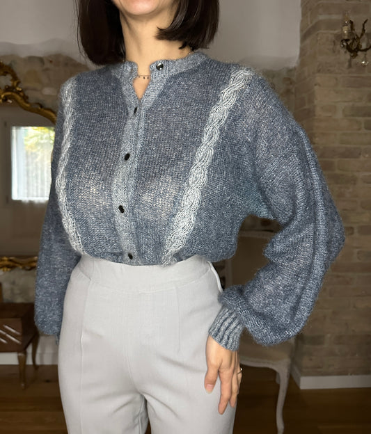 Cardigan Le Bambole Anni ‘80 Misto Superkid Mohair Blu e Bianco Tg.44/46