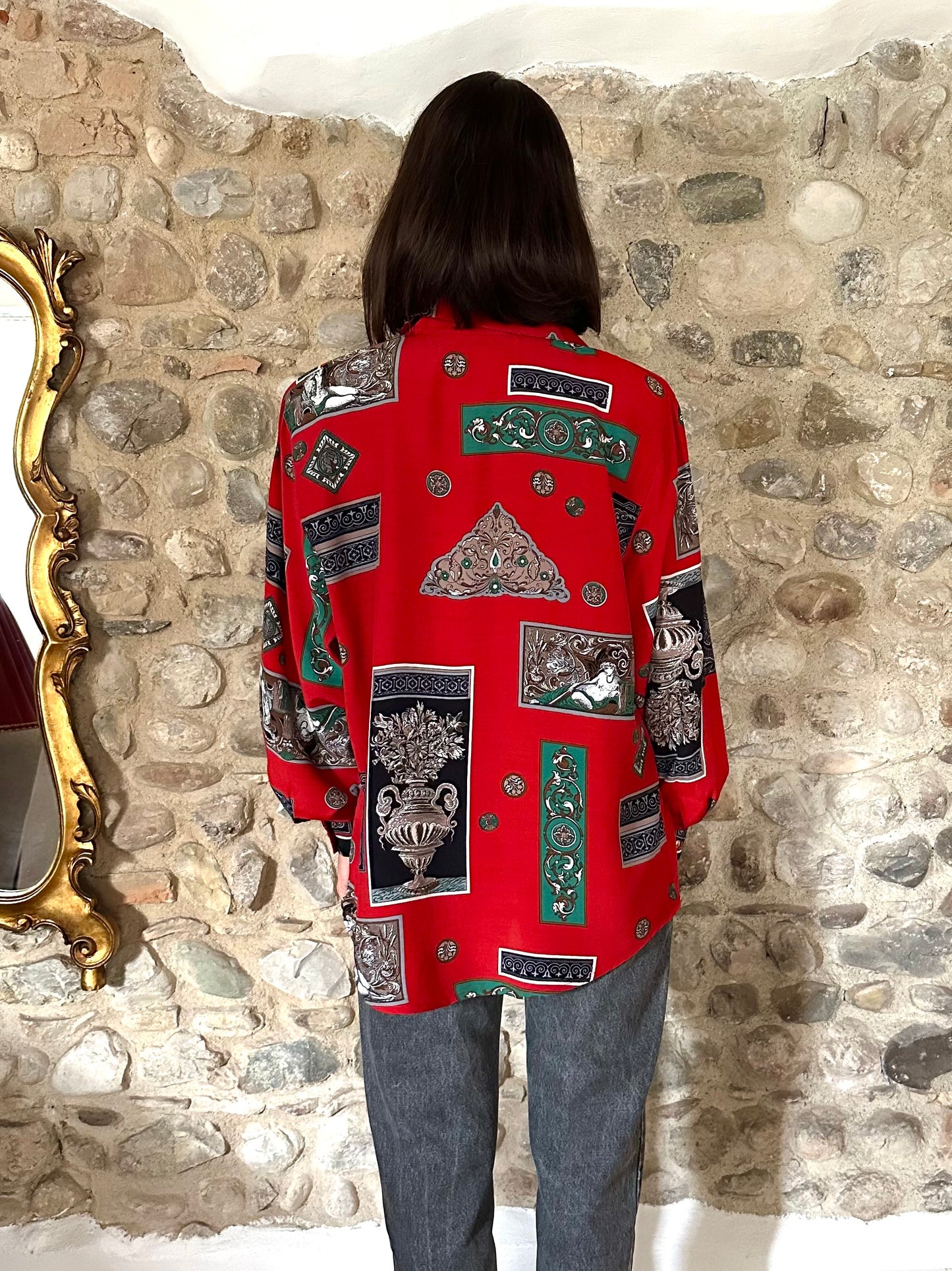 Camicia Vintage Anni ‘80 in Viscosa Rossa Fantasia Tg.Fino 56