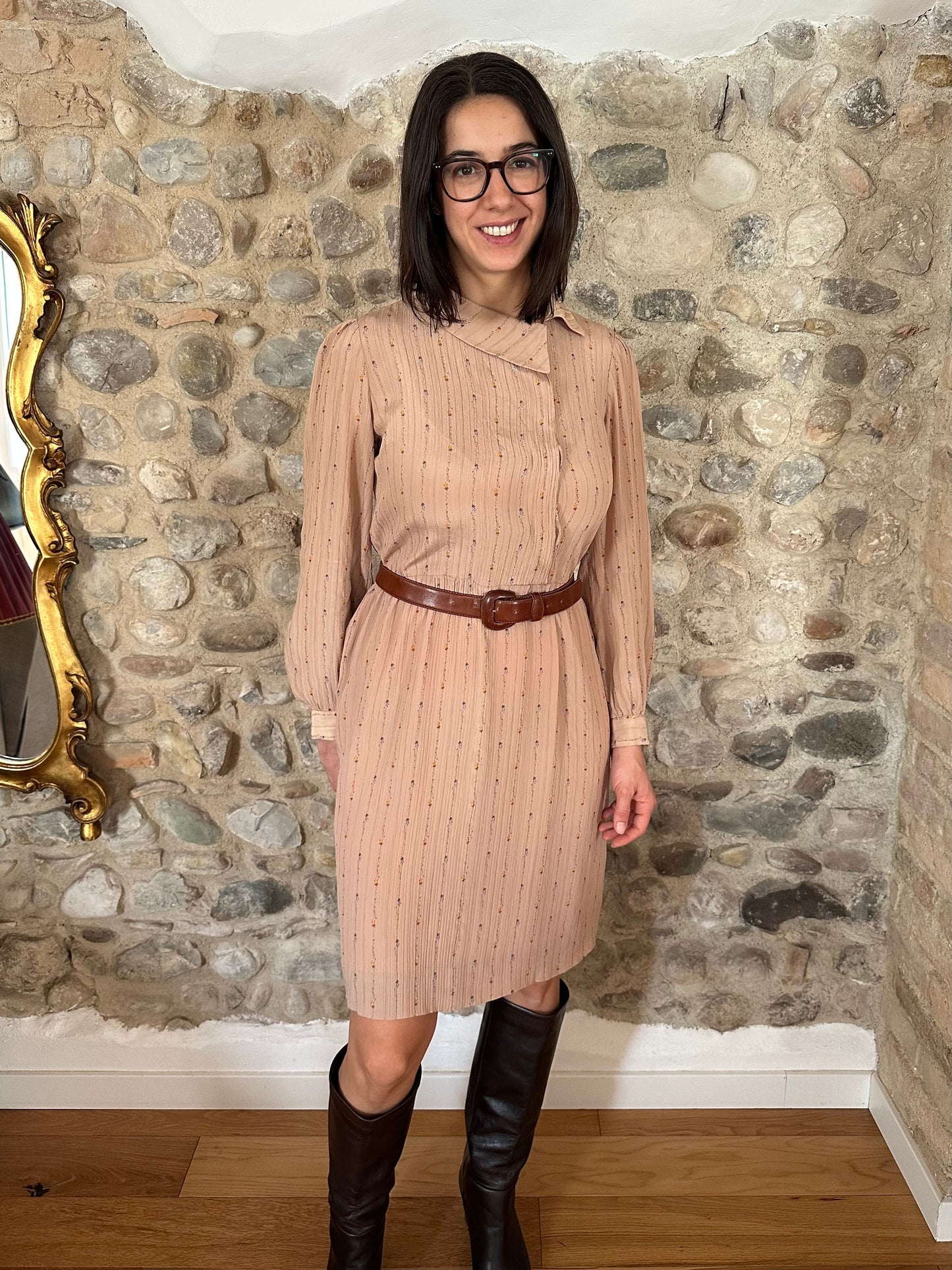 Abito Vintage Anni ‘70 Sartoriale in Seta Rosa Antico con Fiori Tg.42