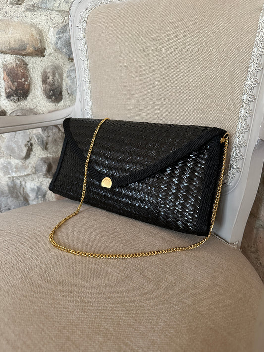 Borsa a Tracolla in Vimini Anni ‘70 Nera con Dettagli Oro