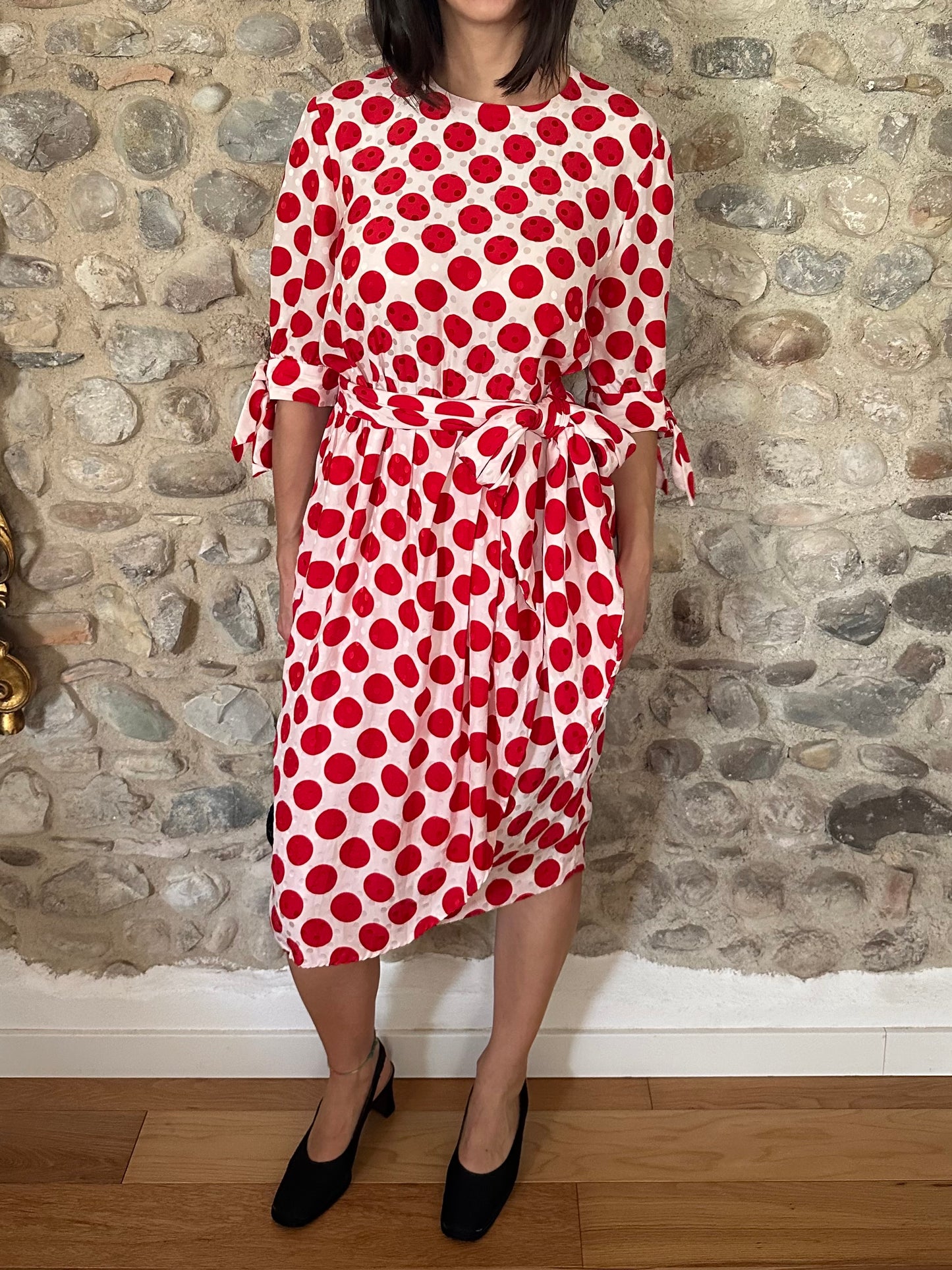 Abito Sartoriale Vintage Anni ‘80 in Seta Jacquard A Pois Rossi Tg.44