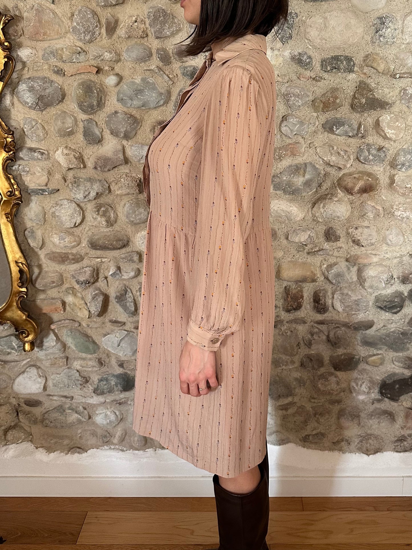 Abito Vintage Anni ‘70 Sartoriale in Seta Rosa Antico con Fiori Tg.42