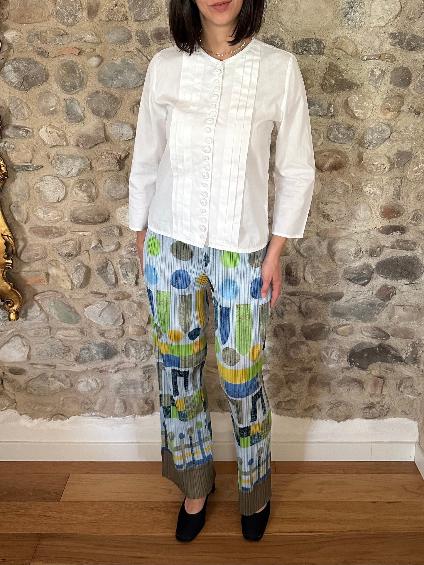 Pantalone Pleats Please Issey Miyake Multicolor Geometrico Azzurro Tg.fino 46