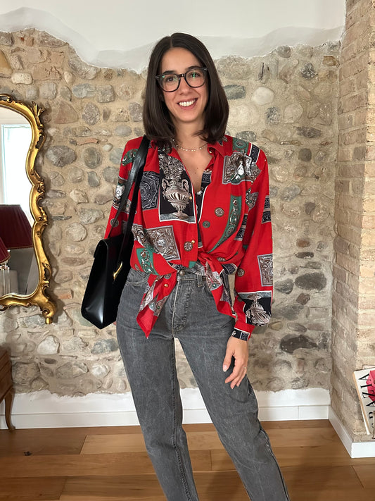 Camicia Vintage Anni ‘80 in Viscosa Rossa Fantasia Tg.Fino 56