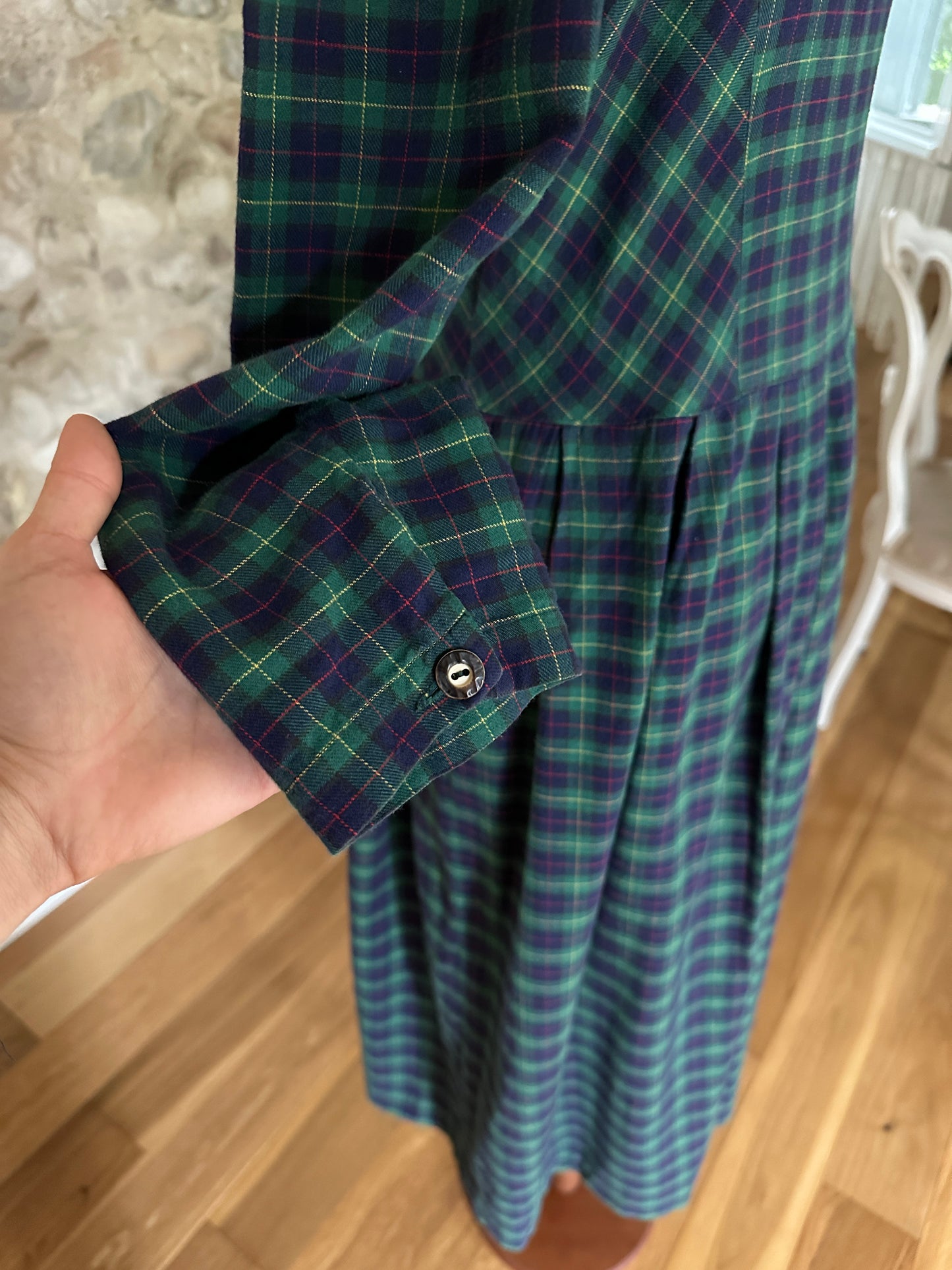 Abito Tirolese Lungo Anni ‘80 in Cotone Tartan Blu e Verde Tg.42/44