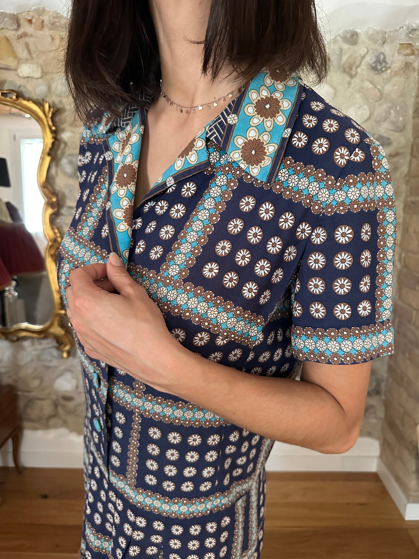 Abito Vintage Anni ‘60 Sartoriale in Seta Blu Tg.46