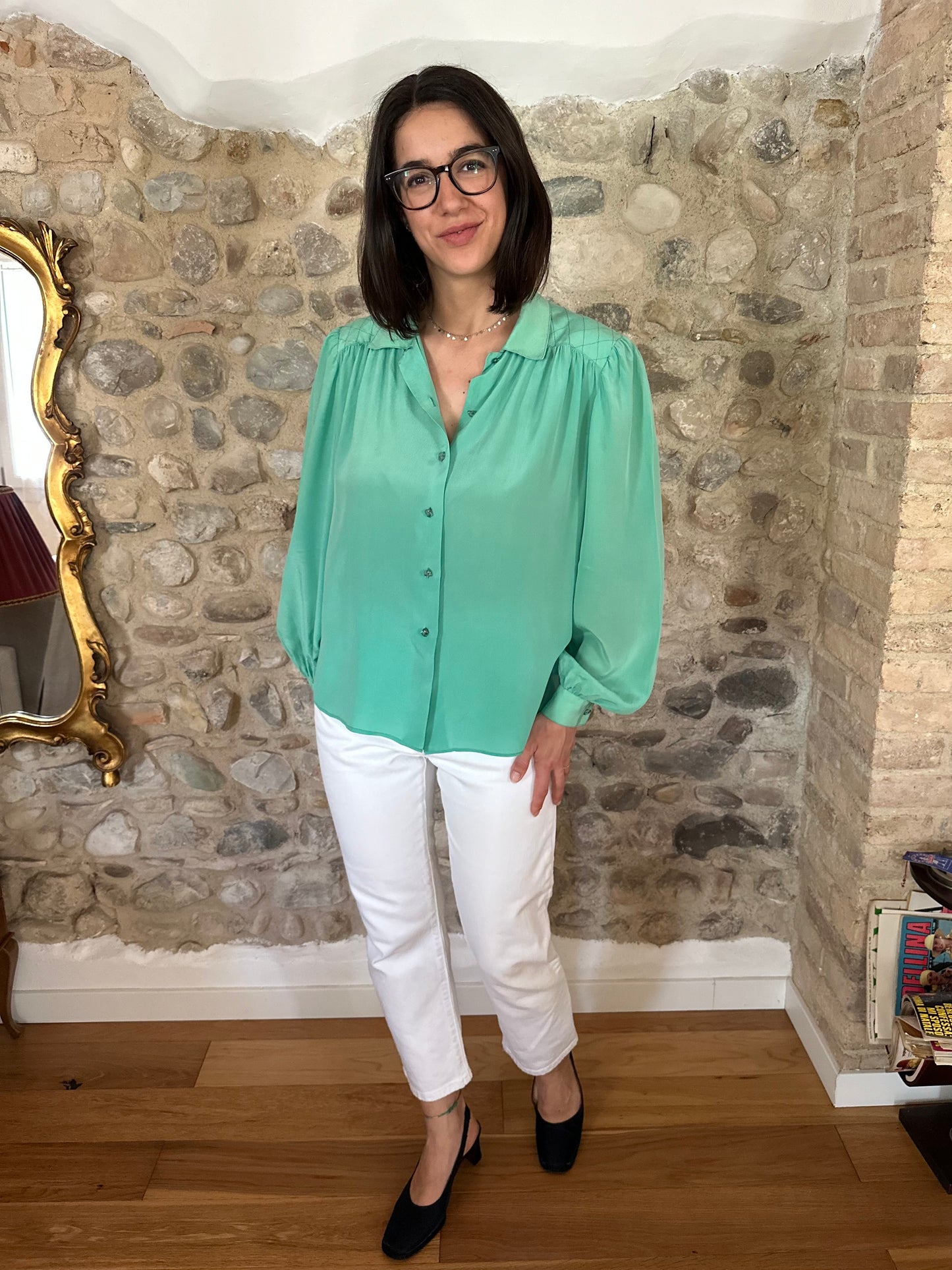 Camicia Vintage Anni ‘80 Sartoriale in Seta Verde Tg.fino 50