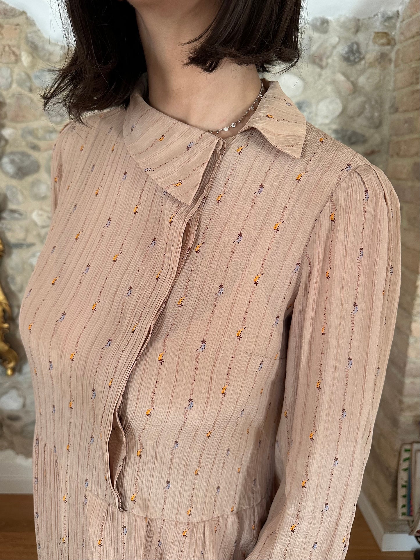 Abito Vintage Anni ‘70 Sartoriale in Seta Rosa Antico con Fiori Tg.42