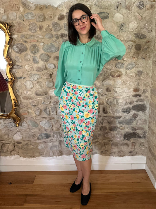 Gonna Vintage Anni ‘70 in Viscosa Floreale Verde Acqua Tg.44