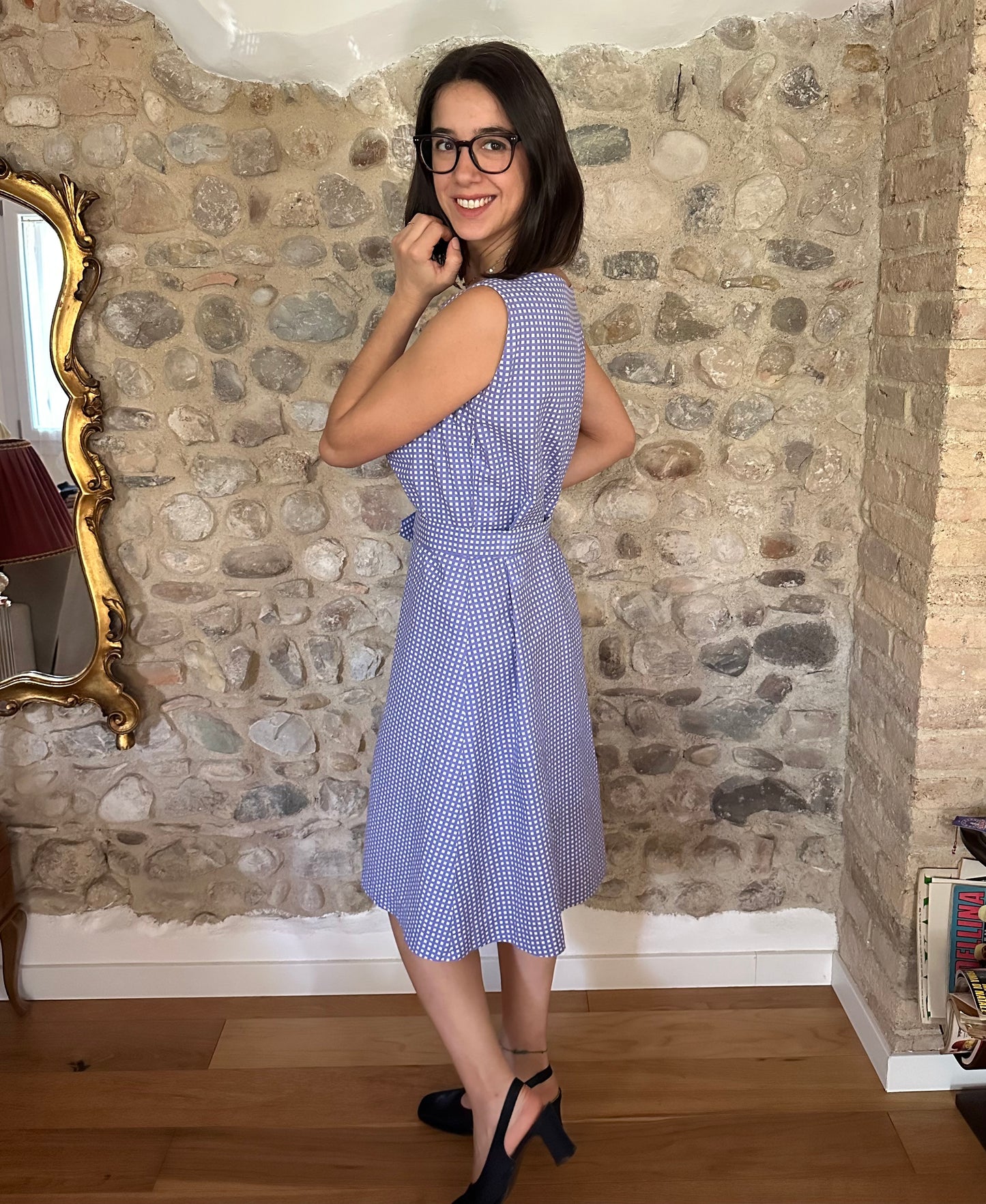 Abito Vintage Anni ‘60 Sartoriale a Quadretti Lilla e Bianco Tg.48