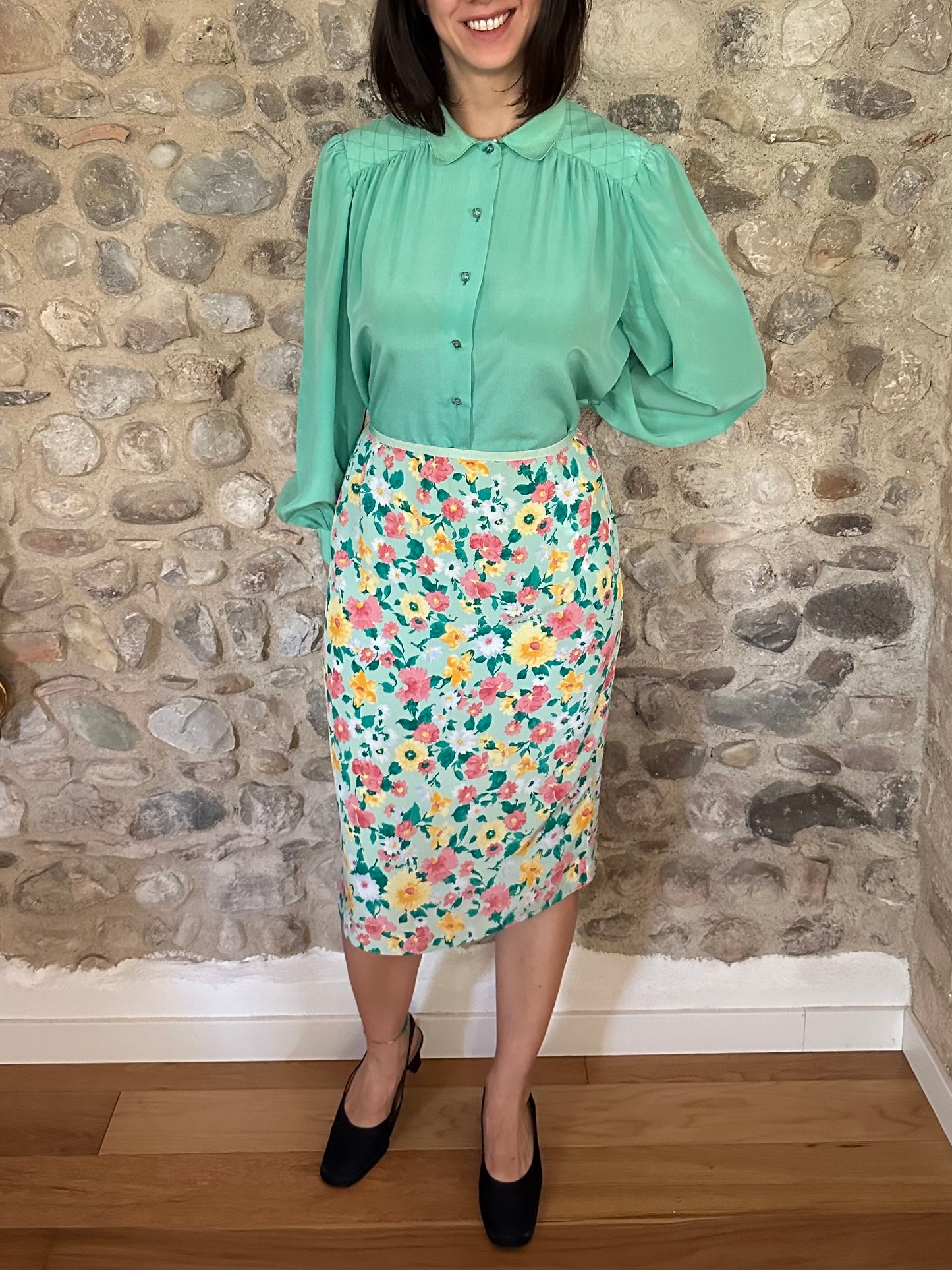 Gonna Vintage Anni ‘70 in Viscosa Floreale Verde Acqua Tg.44