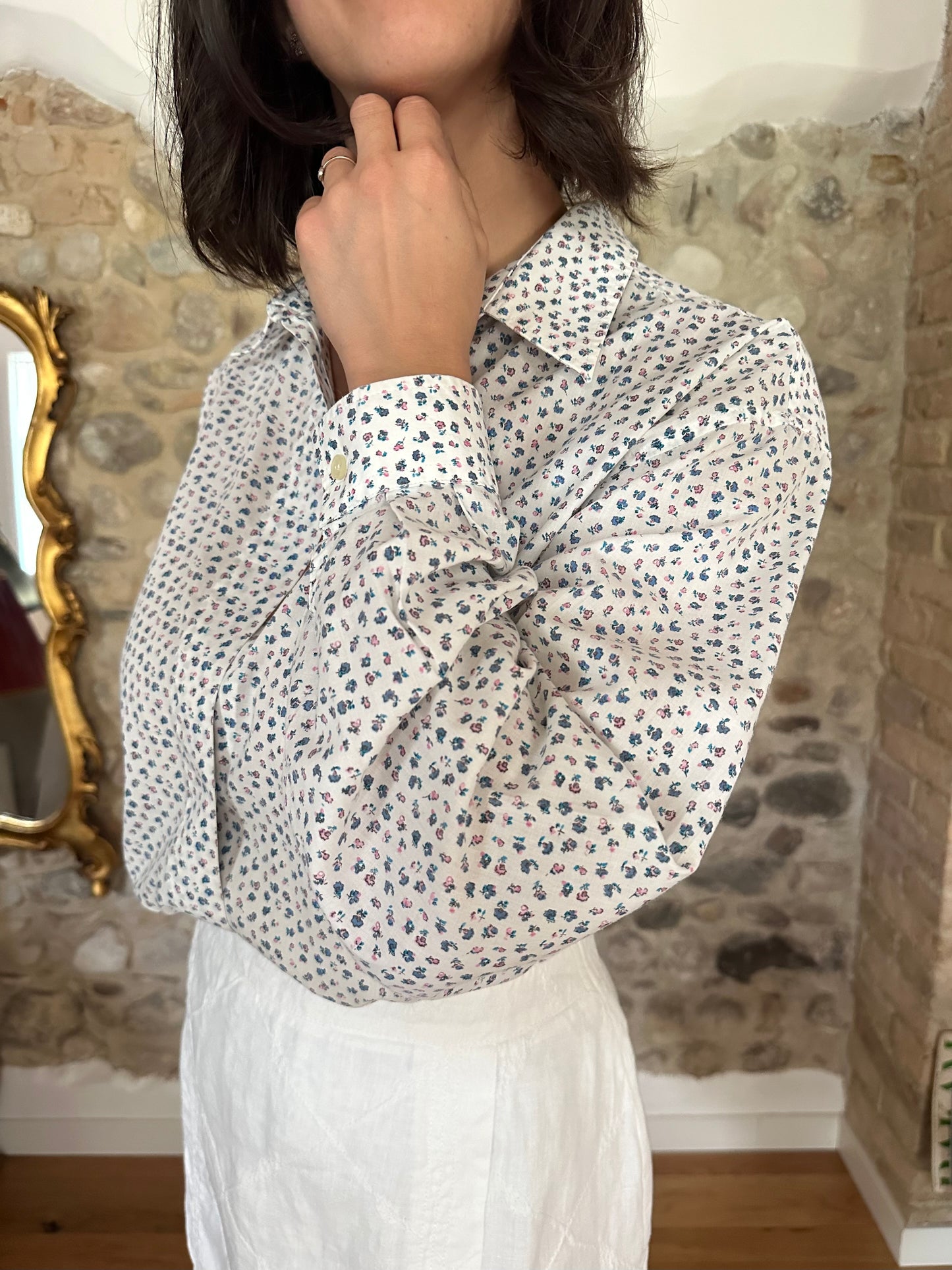 Camicia Anni ‘90 in Cotone Bianco con Fiori Rosa e Azzurri Tg.fino 50