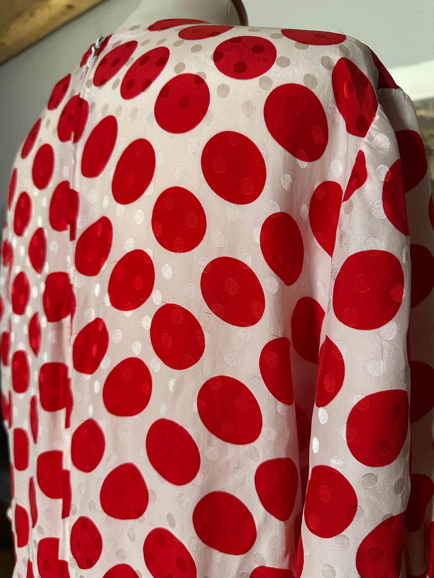 Abito Sartoriale Vintage Anni ‘80 in Seta Jacquard A Pois Rossi Tg.44