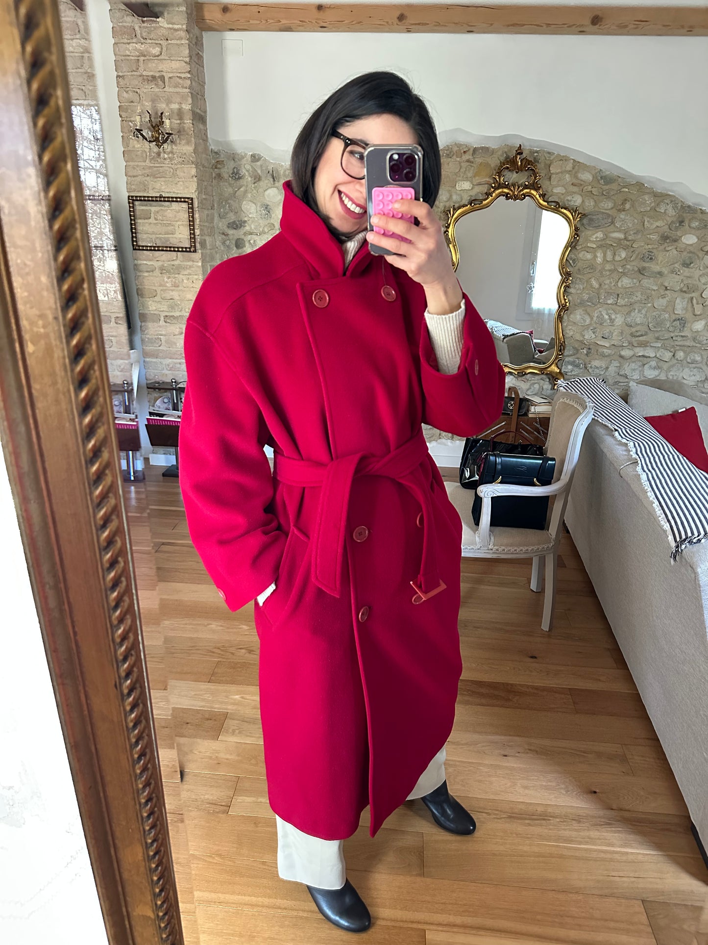 Cappotto Missoni Vintage Anni ‘80 in Lana e Kashmir Rosso Lampone Tg.fino 52