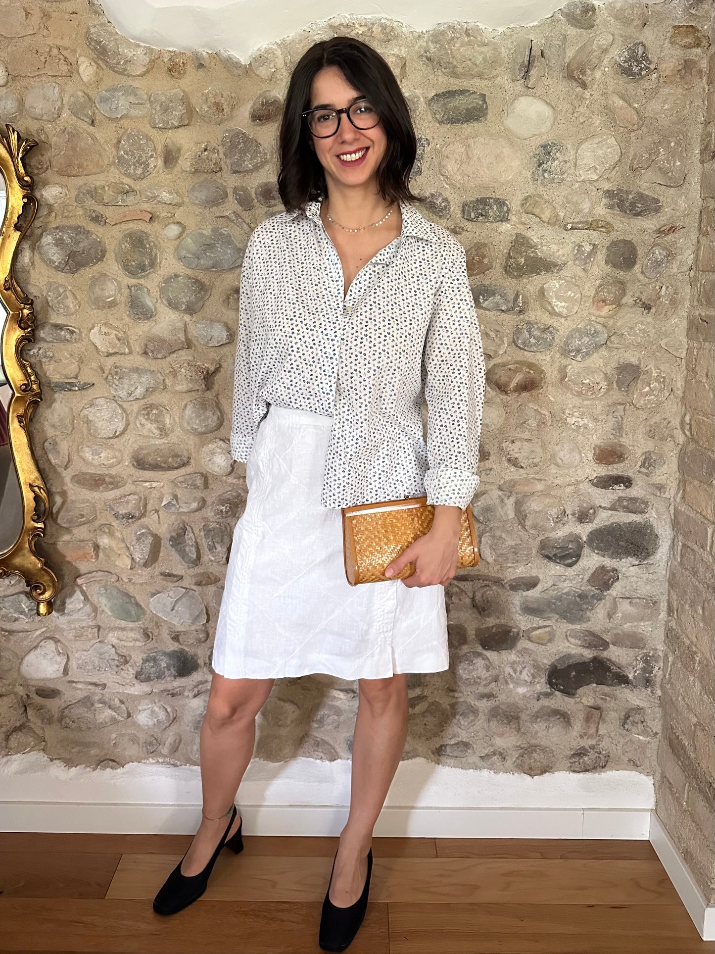 Camicia Anni ‘90 in Cotone Bianco con Fiori Rosa e Azzurri Tg.fino 50