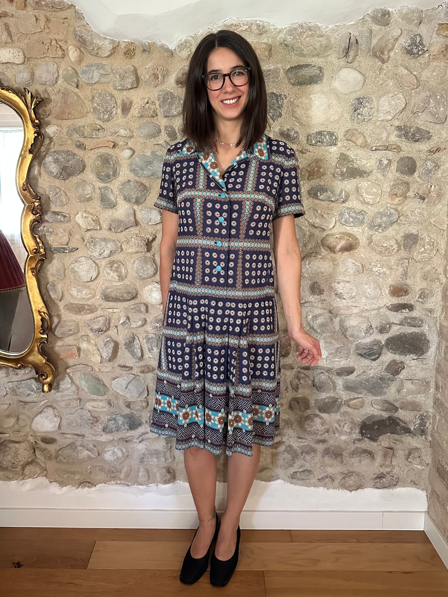 Abito Vintage Anni ‘60 Sartoriale in Seta Blu Tg.46