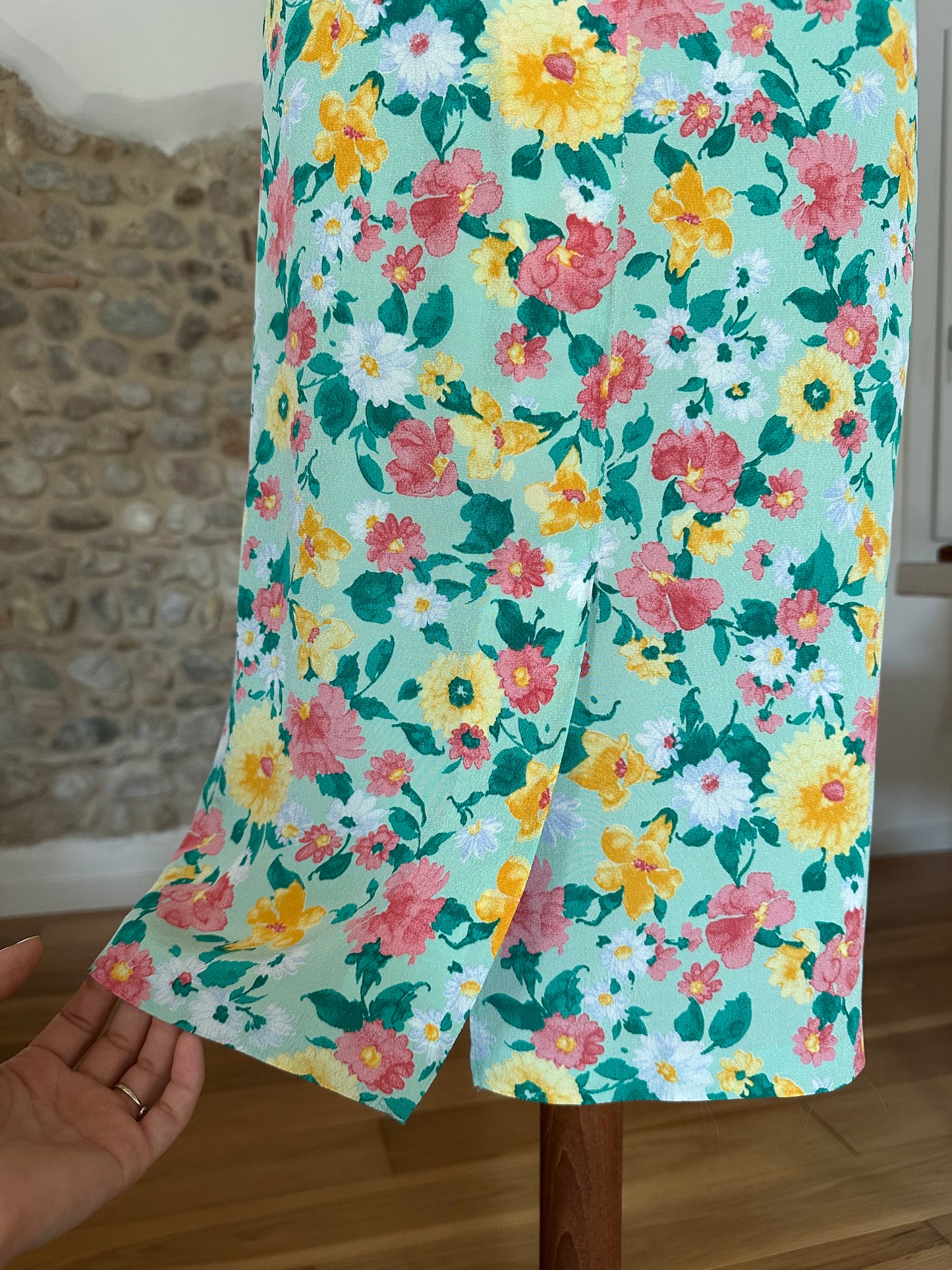 Gonna Vintage Anni ‘70 in Viscosa Floreale Verde Acqua Tg.44