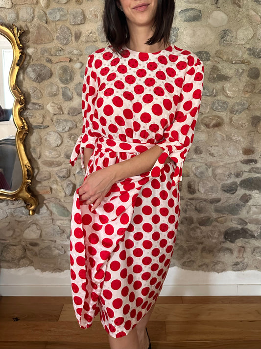 Abito Sartoriale Vintage Anni ‘80 in Seta Jacquard A Pois Rossi Tg.44